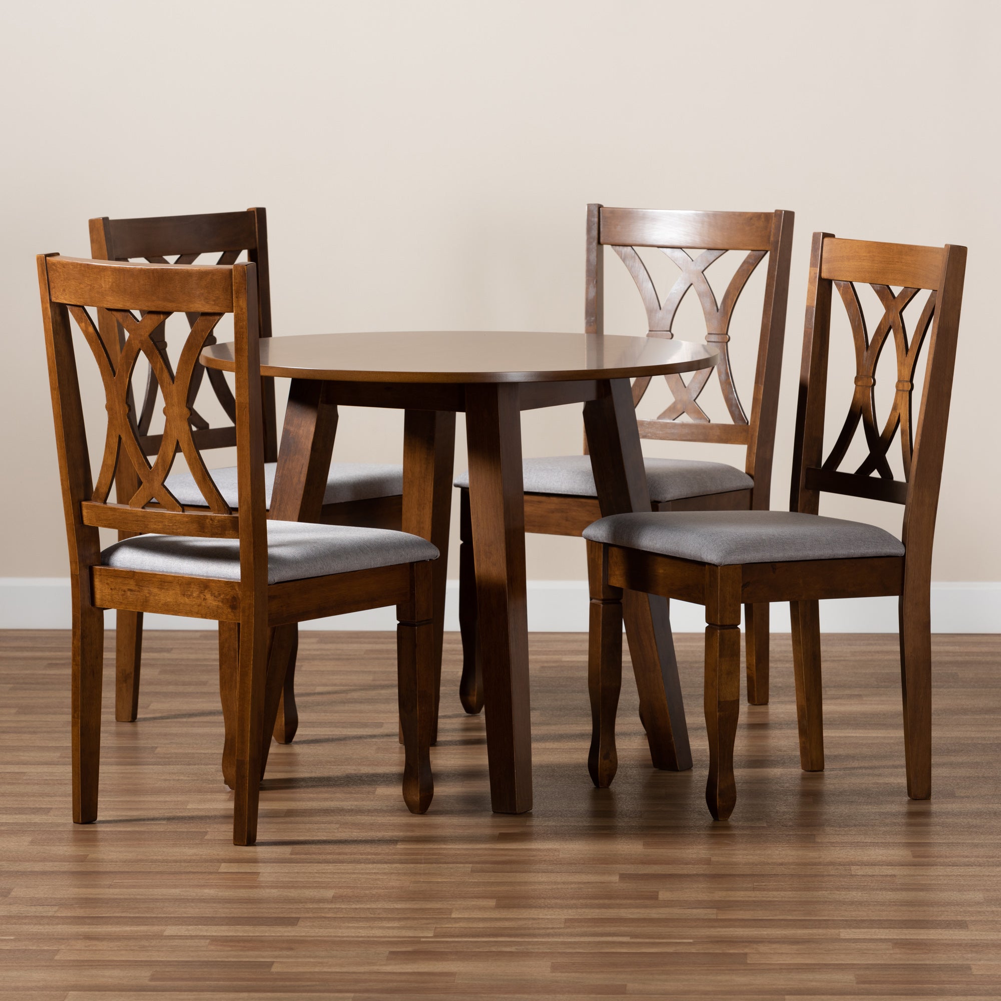Baxton Studio Leon Modern and Contemporary Grey Fabric Upholstered and Walnut Brown Finished Wood 5-Piece Dining Set