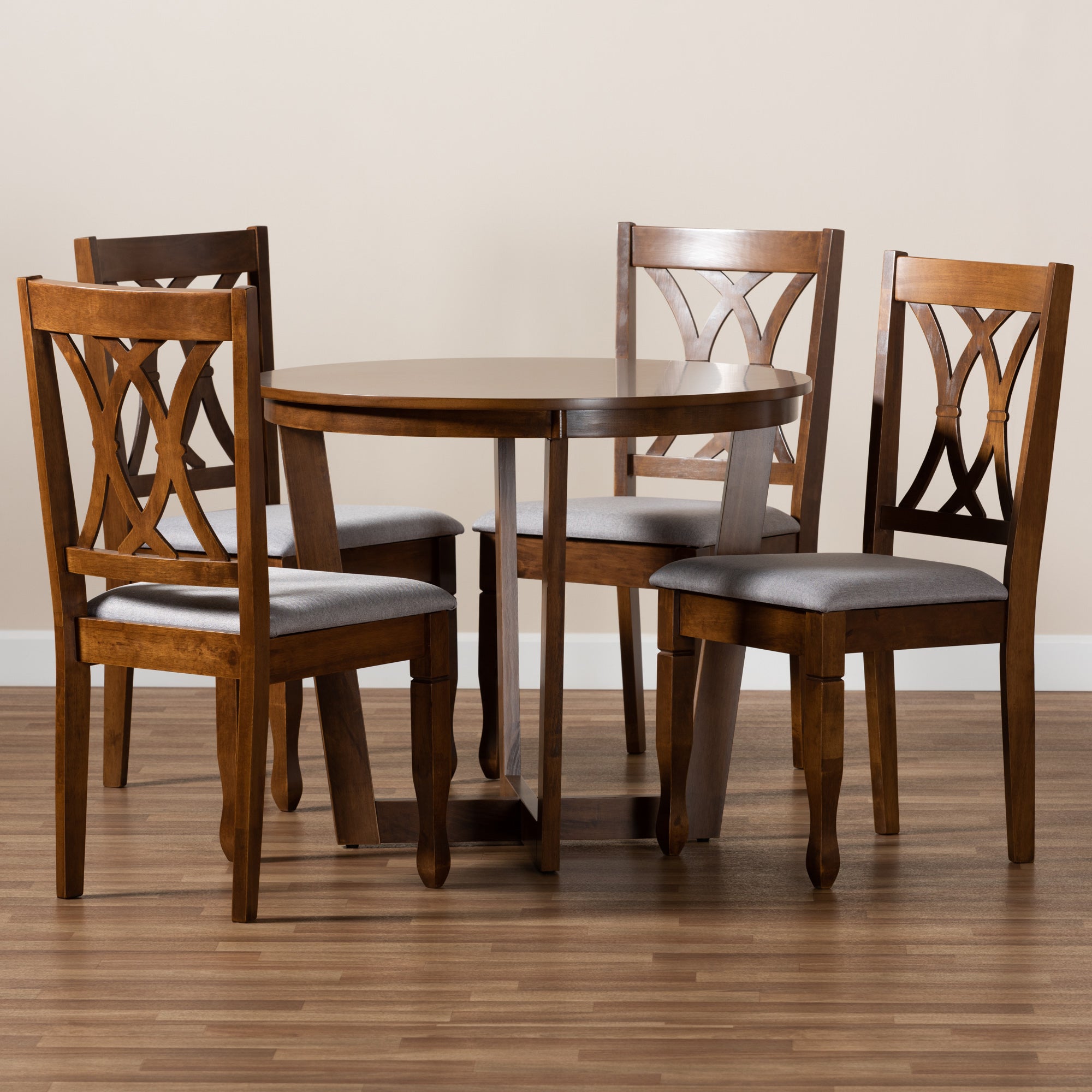 Baxton Studio Aggie Modern and Contemporary Grey Fabric Upholstered and Walnut Brown Finished Wood 5-Piece Dining Set