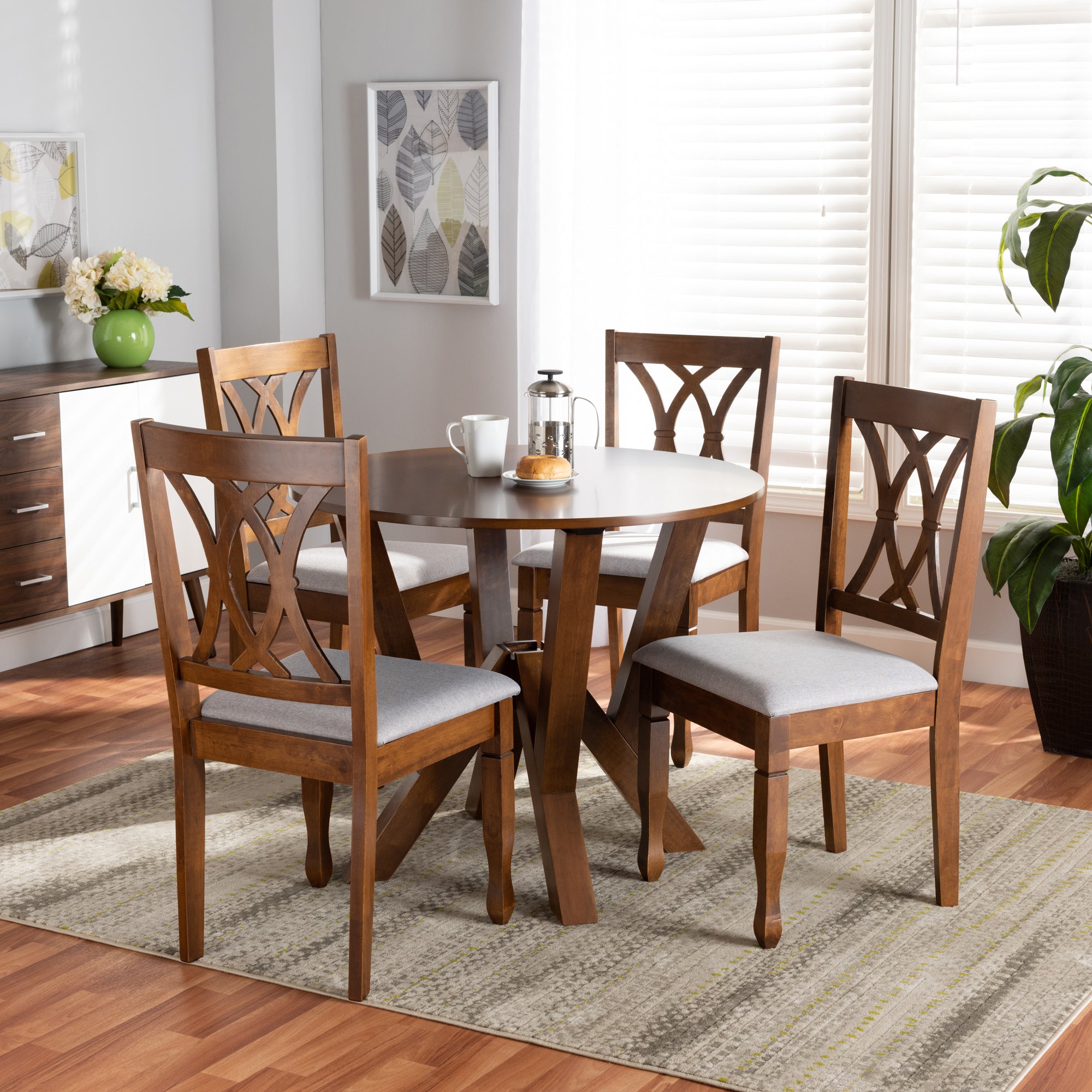 Baxton Studio Irene Modern and Contemporary Grey Fabric Upholstered and Walnut Brown Finished Wood 5-Piece Dining Set