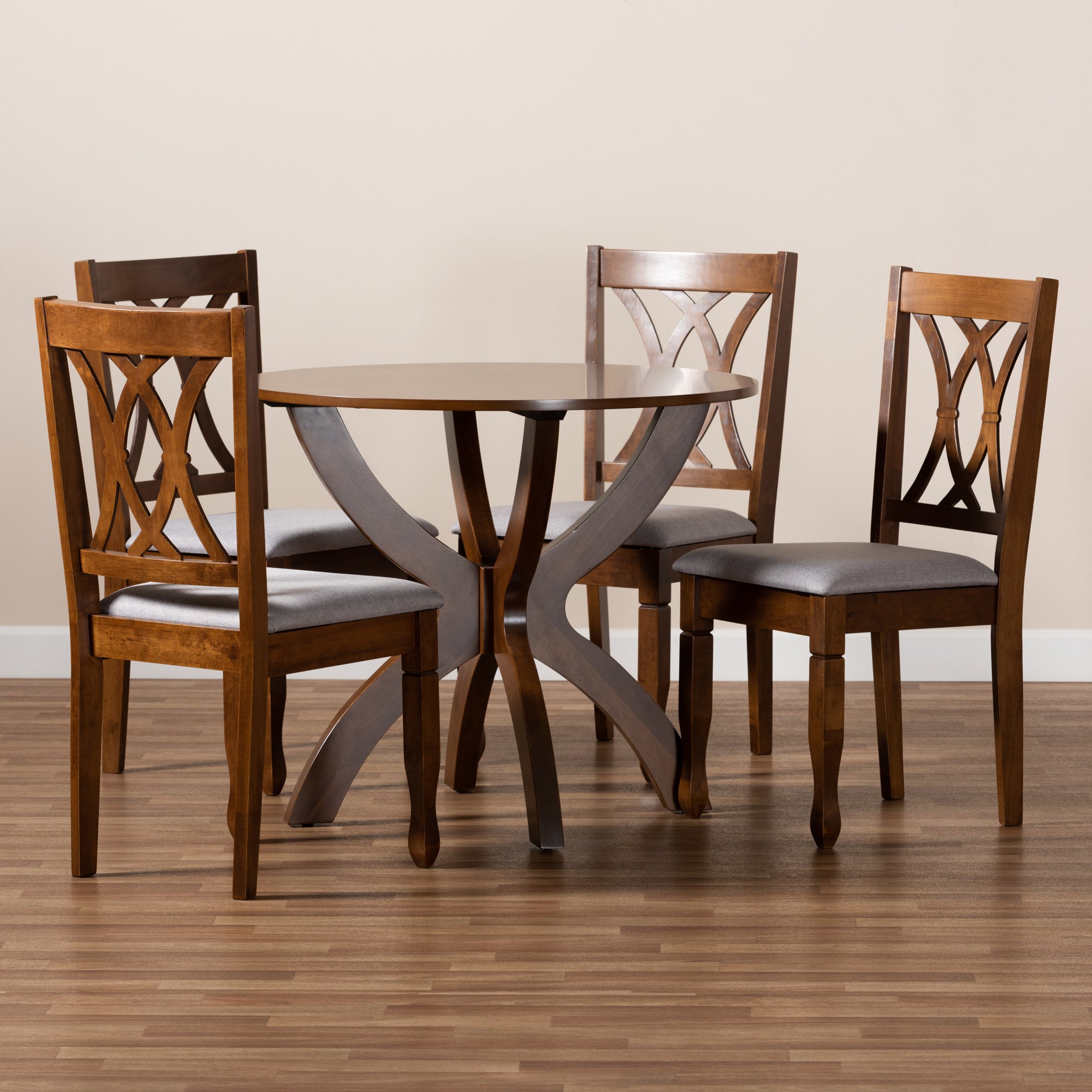 Baxton Studio April Modern and Contemporary Grey Fabric Upholstered and Walnut Brown Finished Wood 5-Piece Dining Set