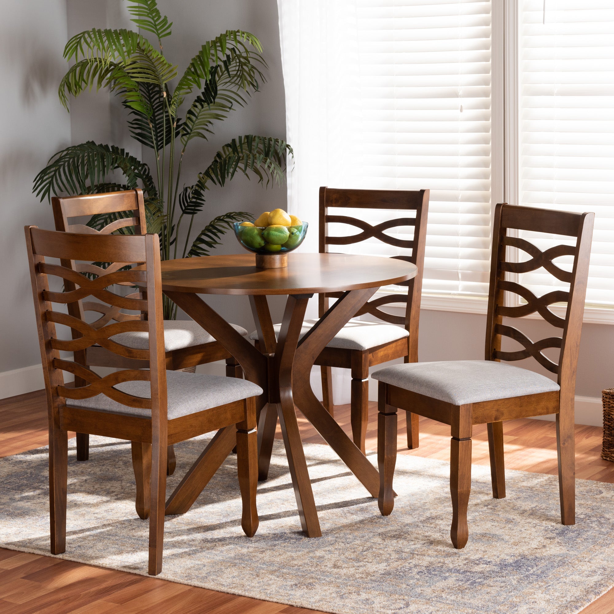 Baxton Studio Mila Modern and Contemporary Grey Fabric Upholstered and Walnut Brown Finished Wood 5-Piece Dining Set