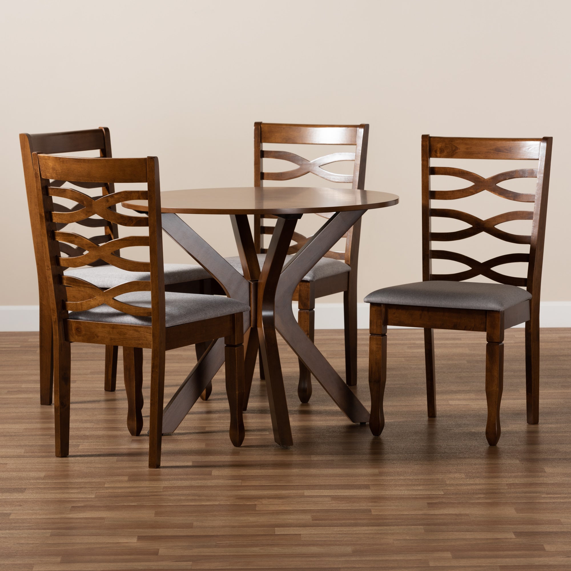 Baxton Studio Mila Modern and Contemporary Grey Fabric Upholstered and Walnut Brown Finished Wood 5-Piece Dining Set
