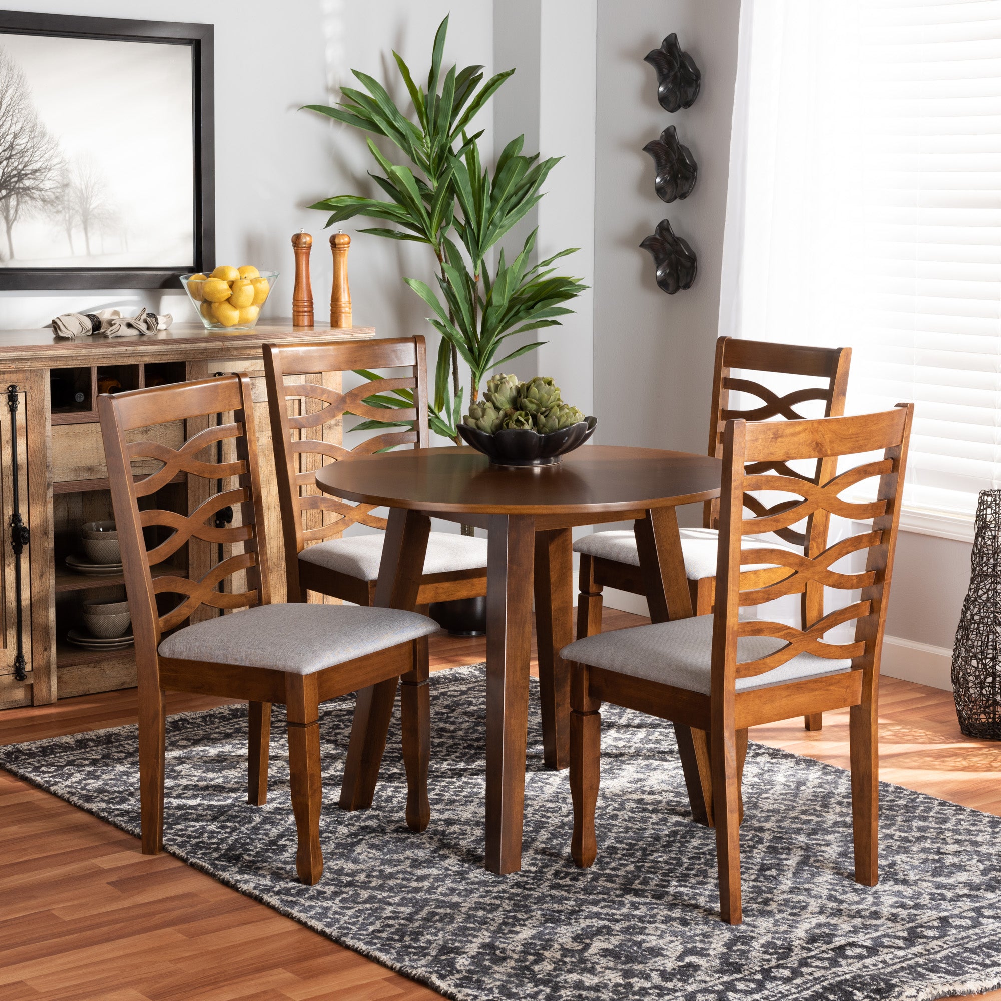 Baxton Studio Darina Modern and Contemporary Grey Fabric Upholstered and Walnut Brown Finished Wood 5-Piece Dining Set