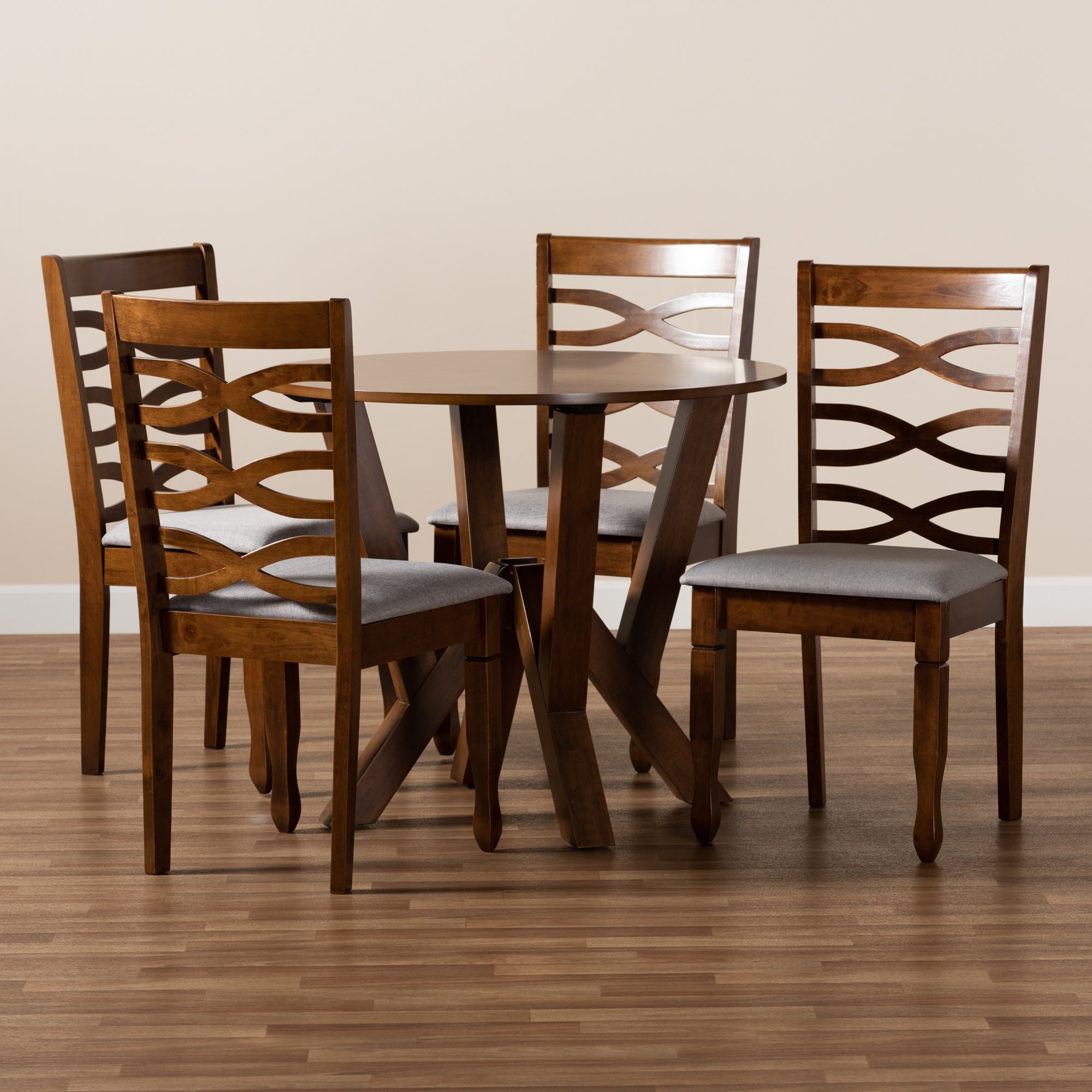 Baxton Studio Ariane Modern and Contemporary Grey Fabric Upholstered and Walnut Brown Finished Wood 5-Piece Dining Set