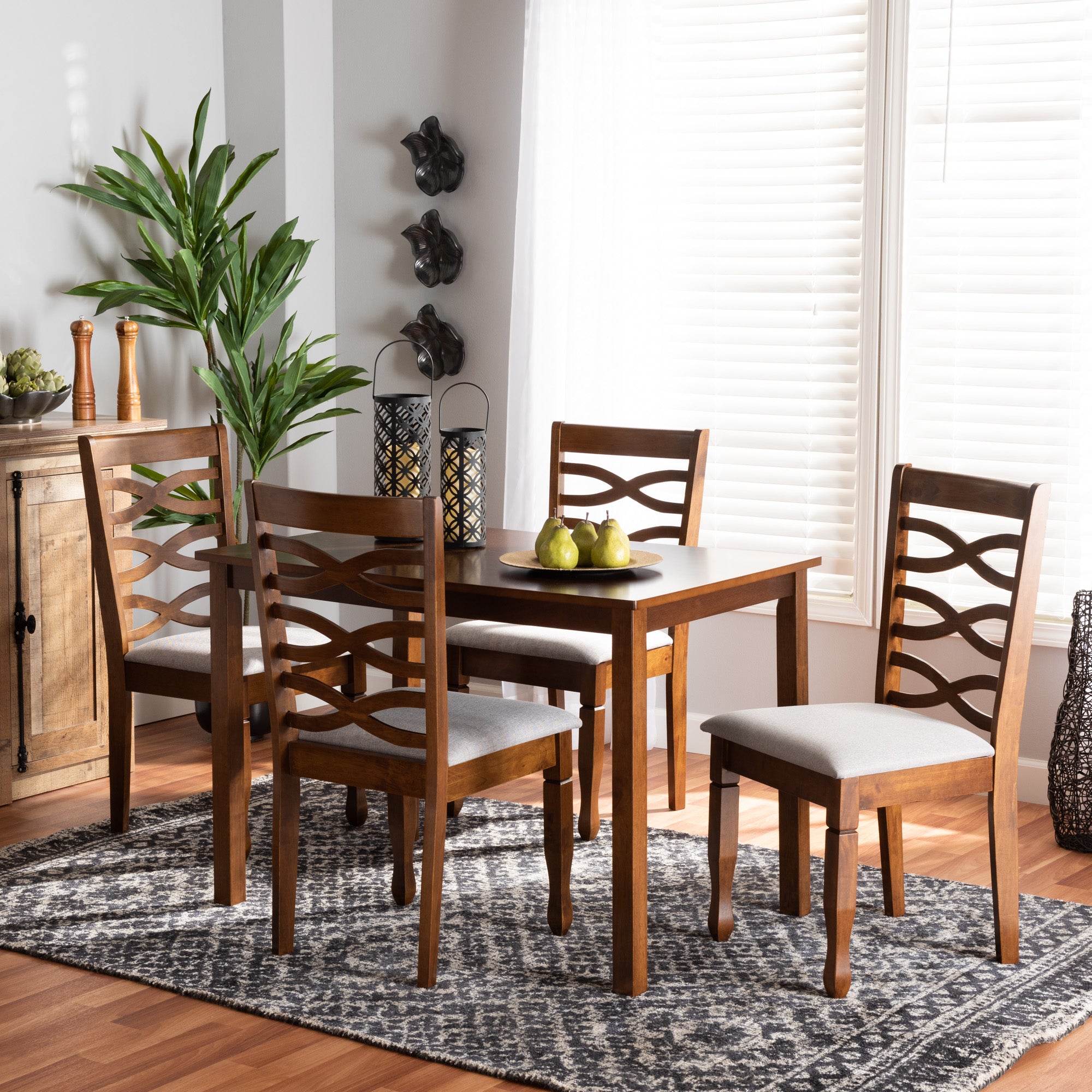 Baxton Studio Mirna Modern and Contemporary Grey Fabric Upholstered and Walnut Brown Finished Wood 5-Piece Dining Set