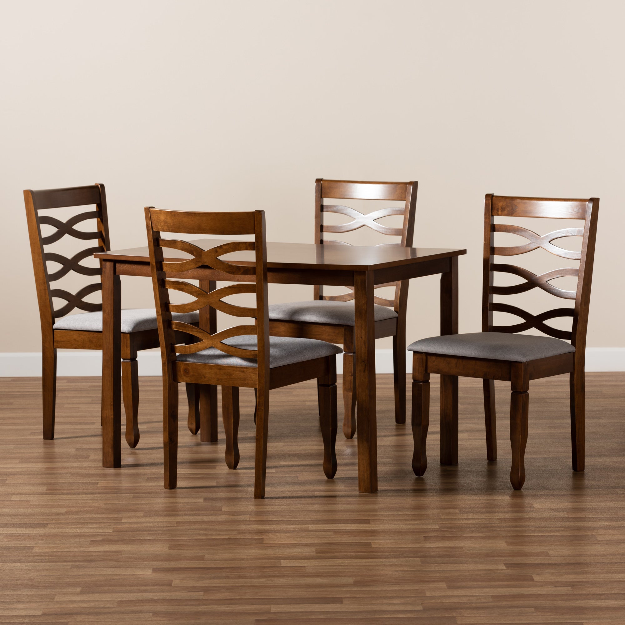 Baxton Studio Mirna Modern and Contemporary Grey Fabric Upholstered and Walnut Brown Finished Wood 5-Piece Dining Set