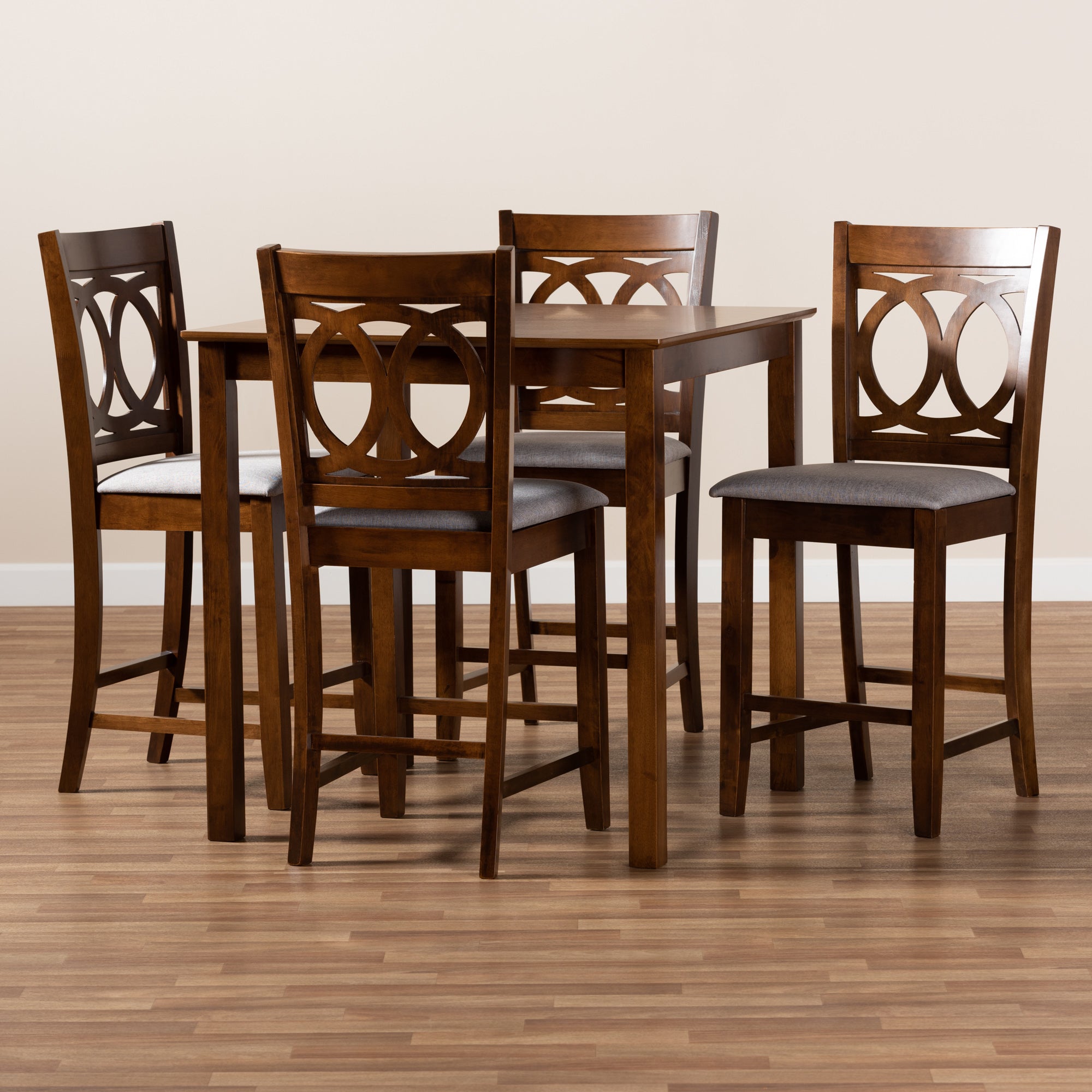 Baxton Studio Lenoir Modern and Contemporary Grey Fabric Upholstered Walnut Brown Finished 5-Piece Wood Pub Set