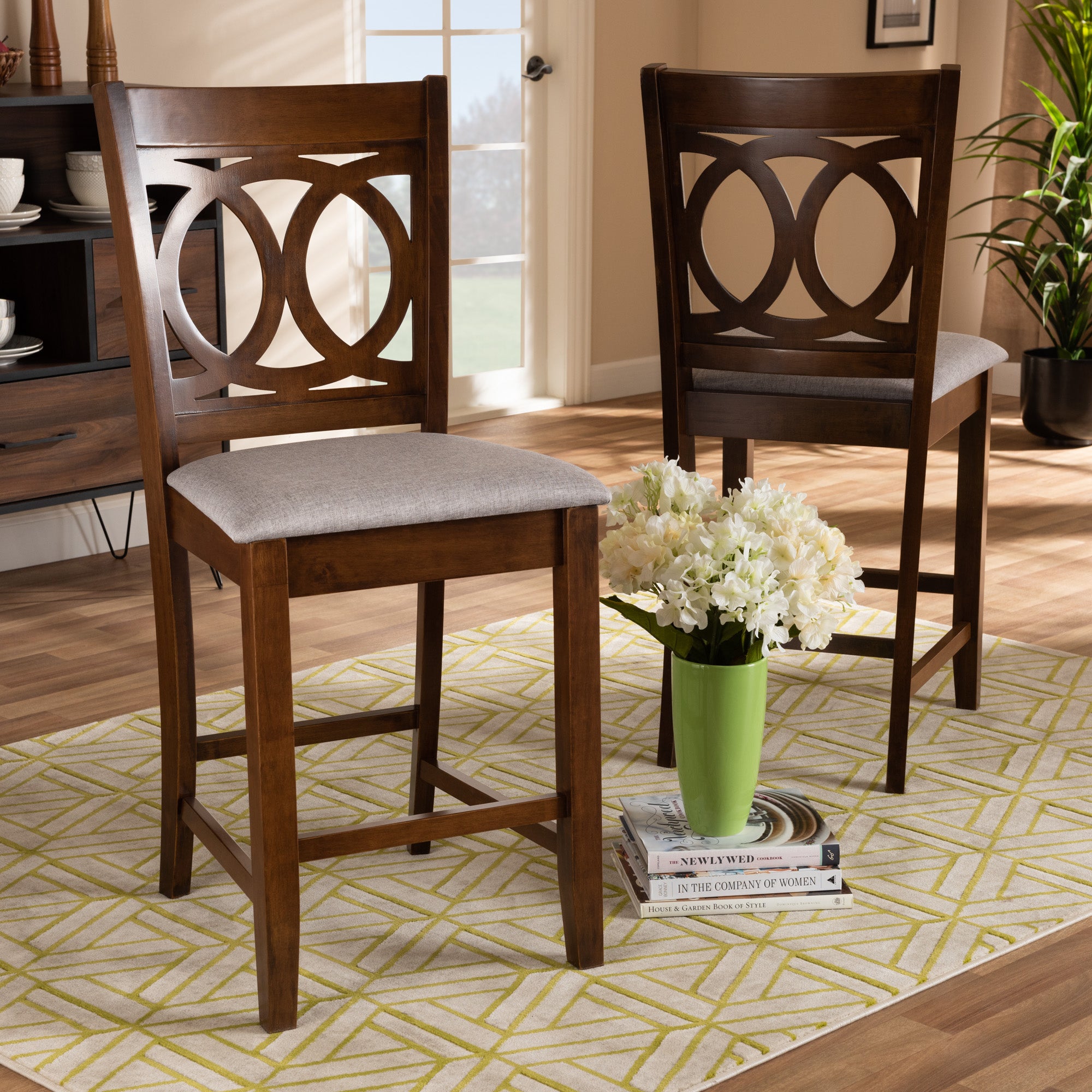 Baxton Studio Lenoir Modern and Contemporary Grey Fabric Upholstered Walnut Brown Finished Wood 2-Piece Counter Height Pub Chair Set