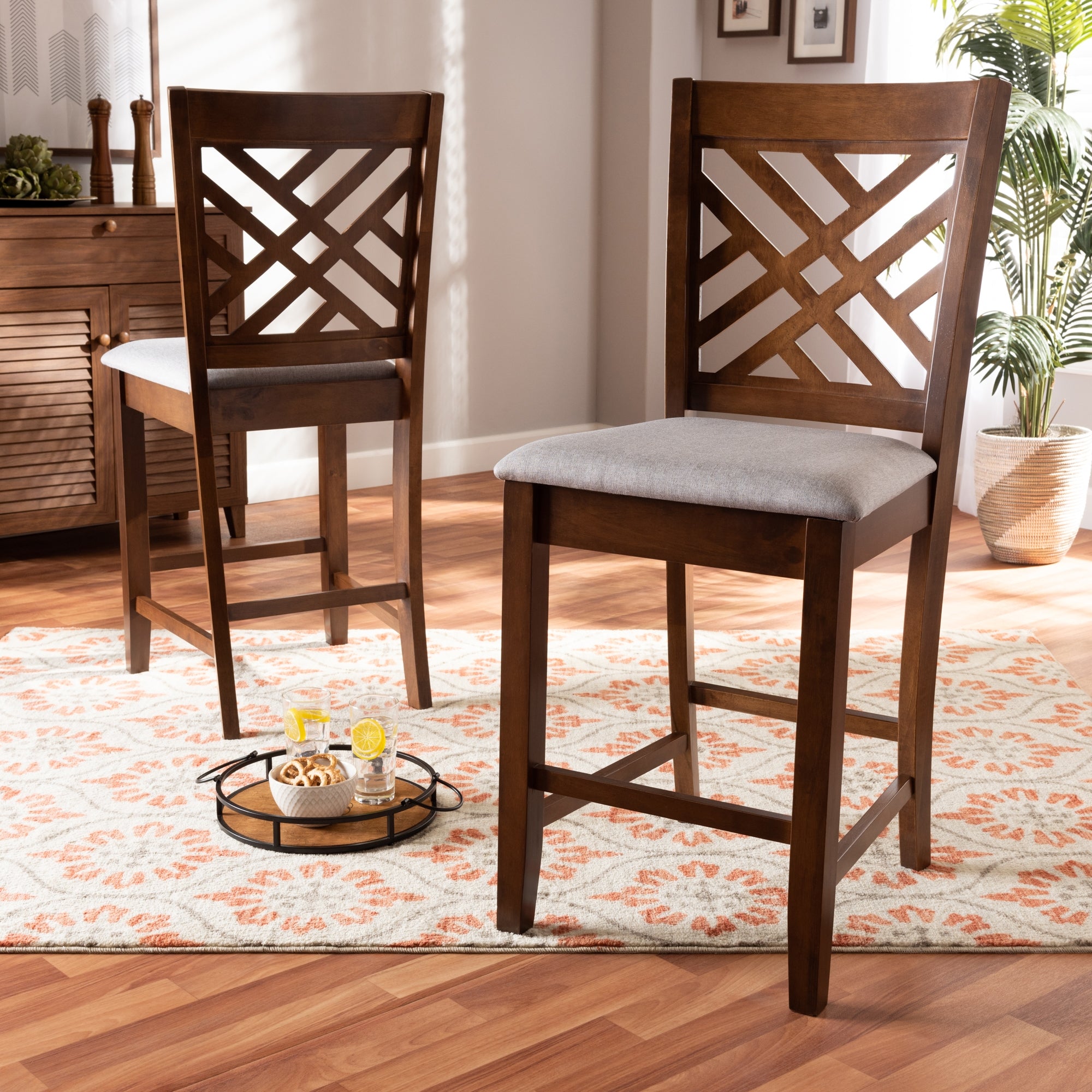 Baxton Studio Caron Modern and Contemporary Grey Fabric Upholstered Walnut Brown Finished 2-Piece Wood Counter Height Pub Chair Set