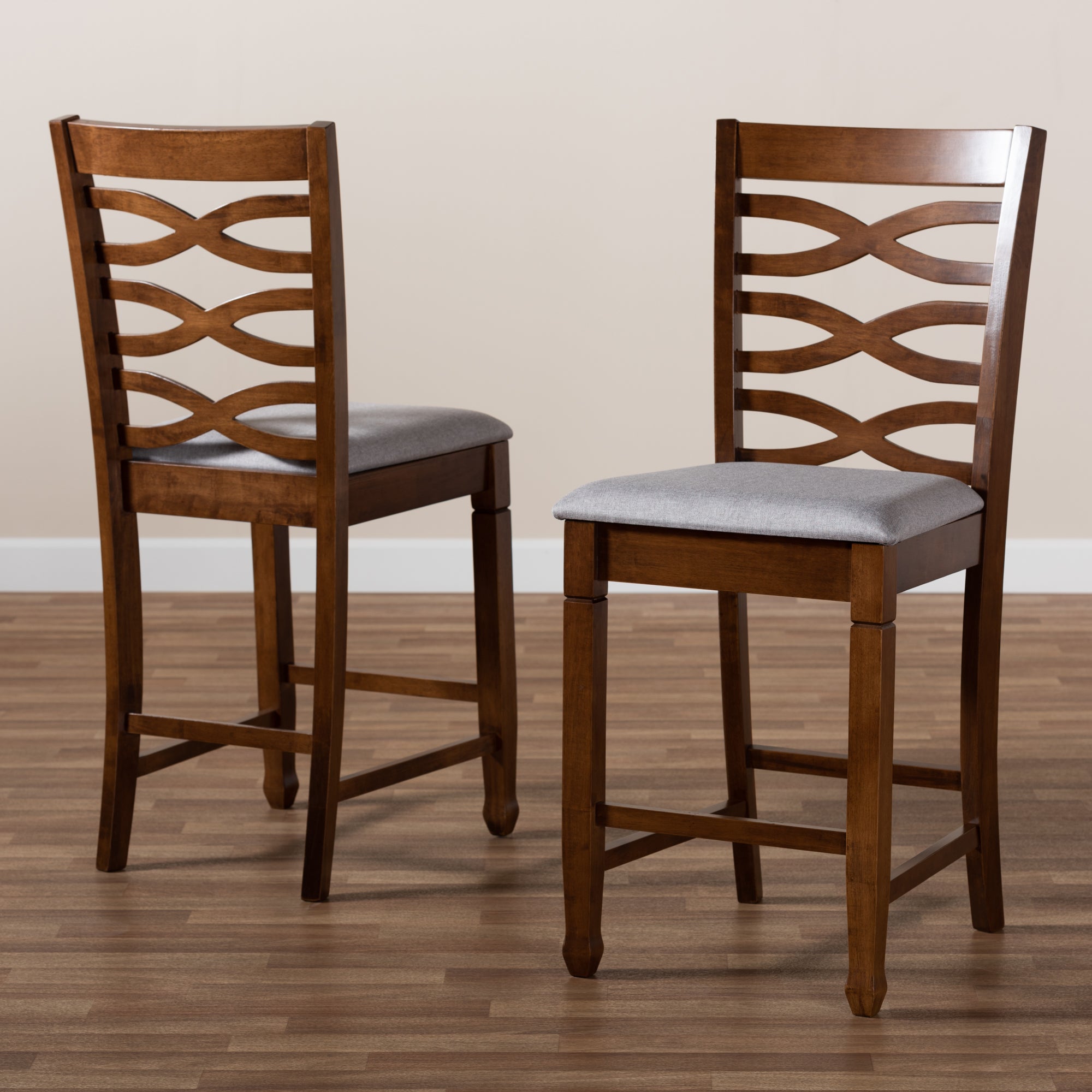 Baxton Studio Lanier Modern and Contemporary Grey Fabric Upholstered Walnut Brown Finished 2-Piece Wood Counter Height Pub Chair Set