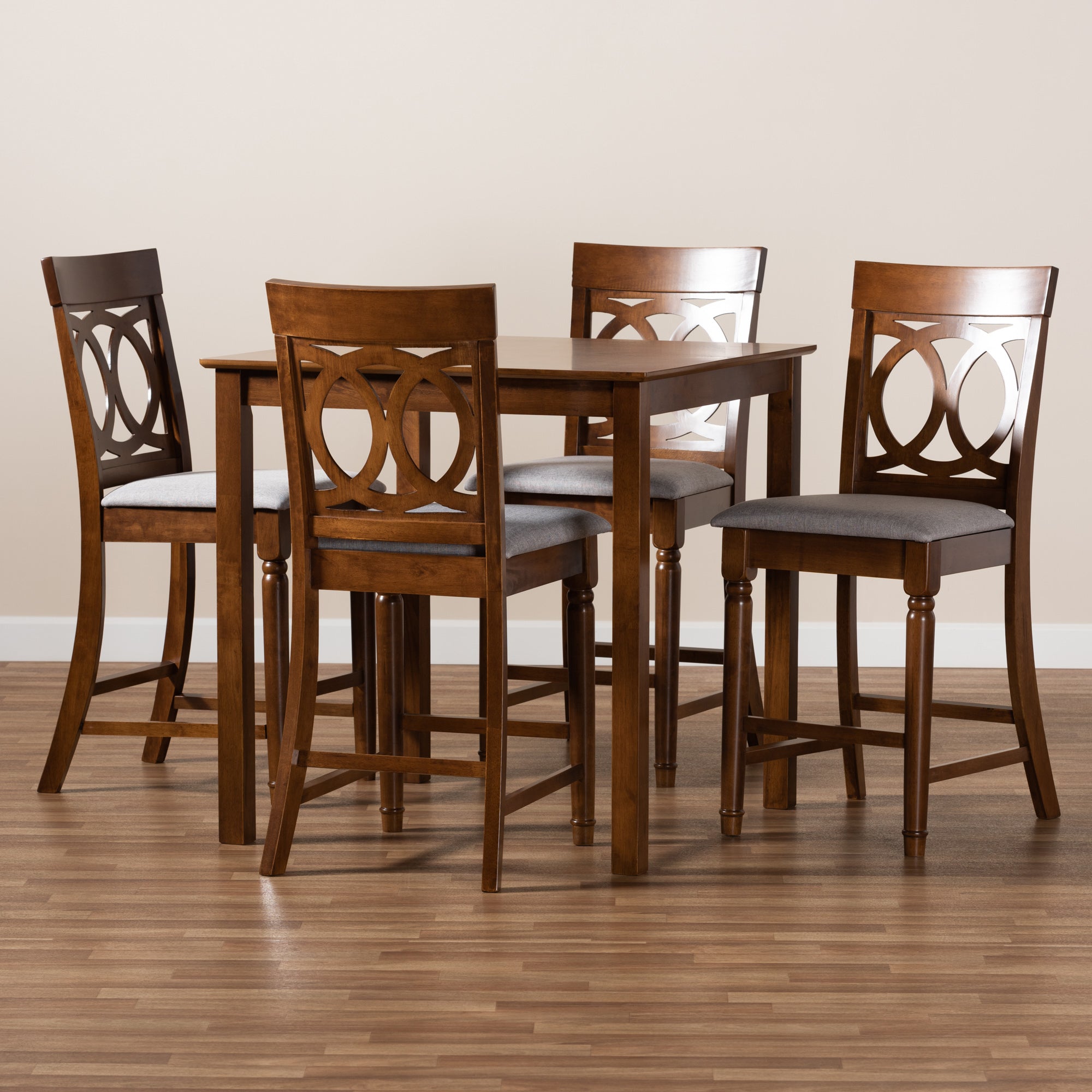 Baxton Studio Verina Modern and Contemporary Grey Fabric Upholstered Walnut Brown Finished 5-Piece Wood Pub Set