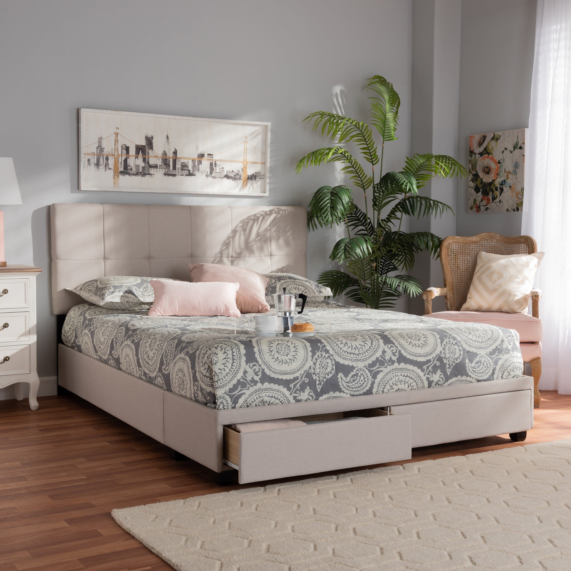 Baxton Studio Netti Beige Fabric Upholstered 2-Drawer Queen Size Platform Storage Bed