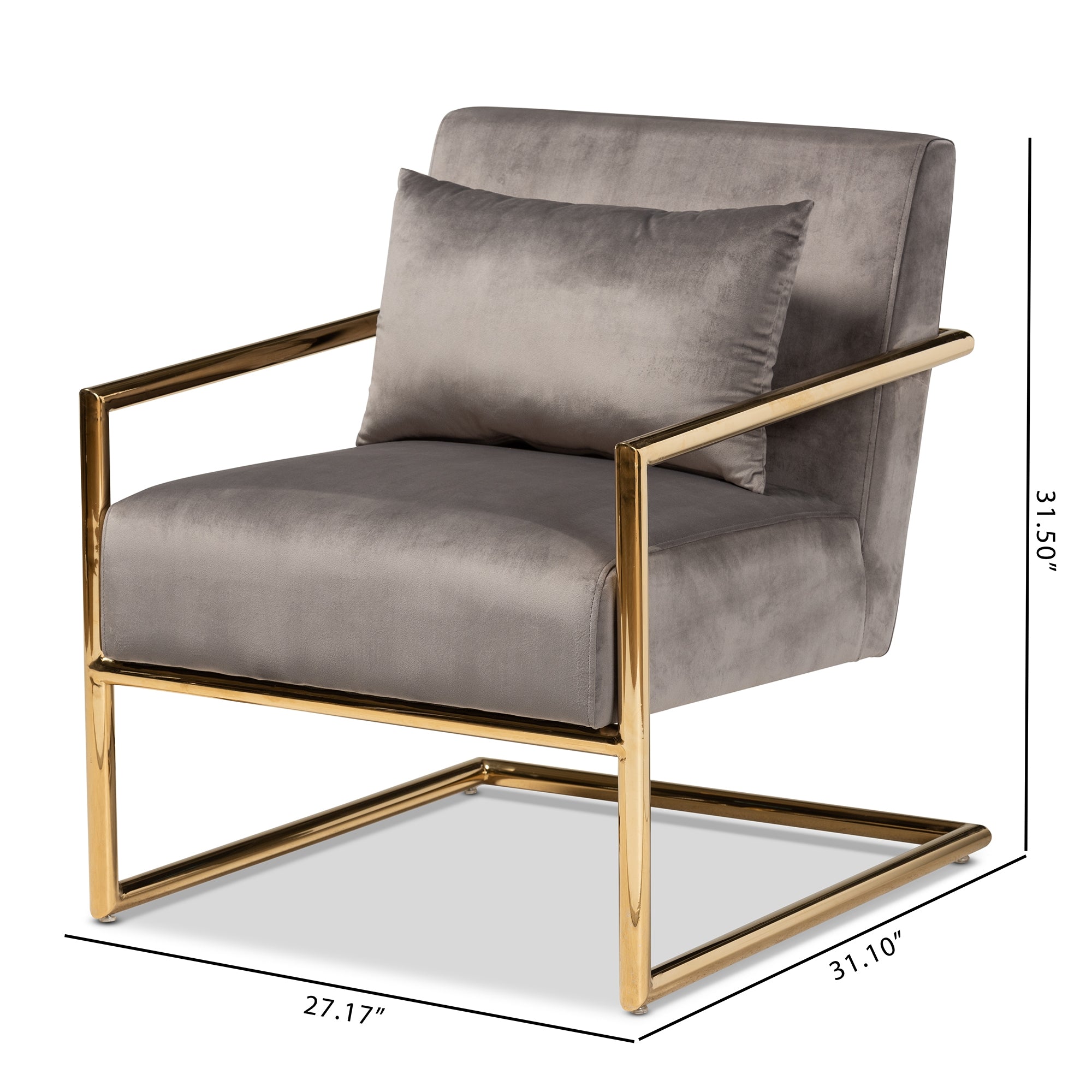 Baxton Studio Mira Glam and Luxe Grey Velvet Fabric Upholstered Gold Finished Metal Lounge Chair