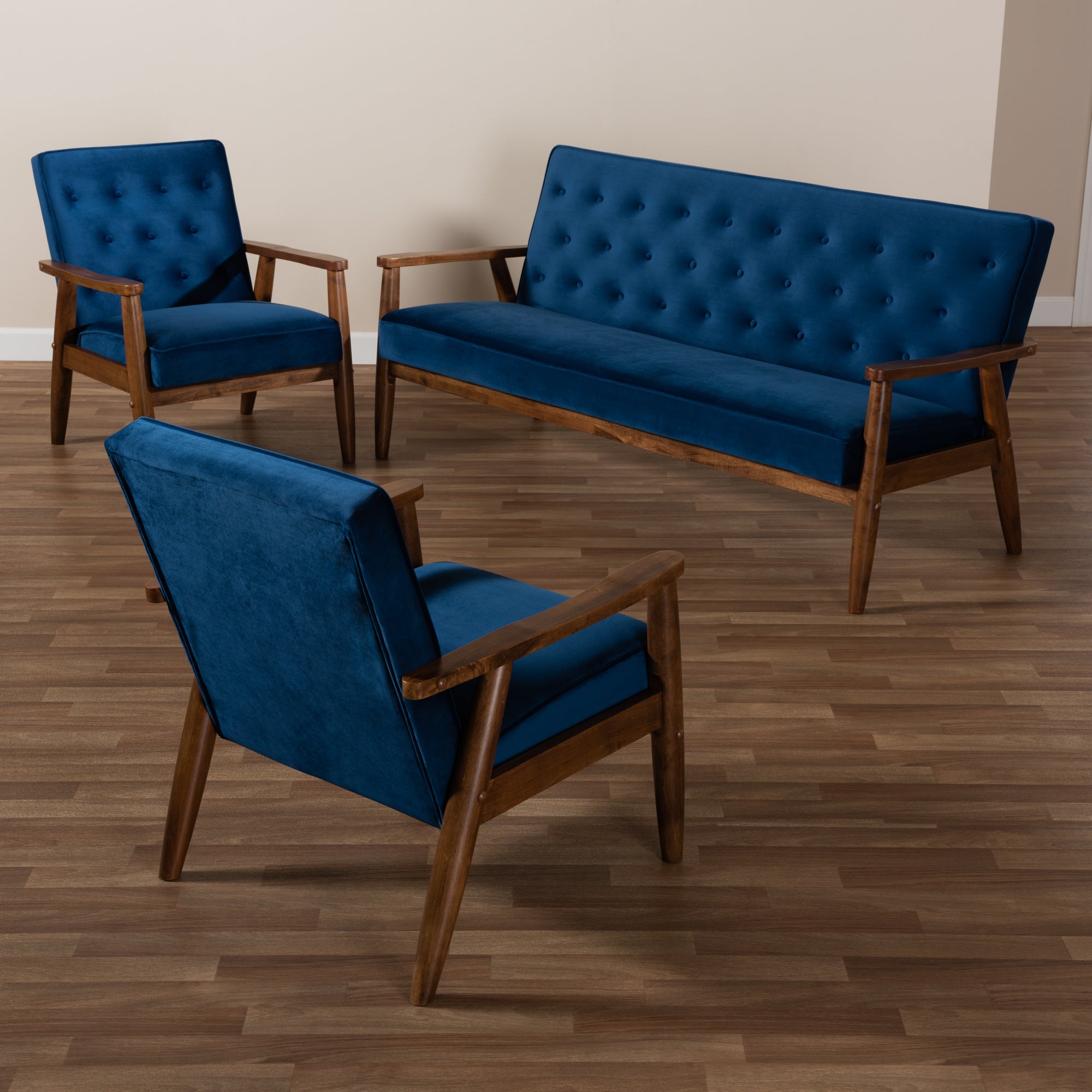 Baxton Studio Sorrento Mid-century Modern Navy Blue Velvet Fabric Upholstered Walnut Finished 3-Piece Wooden Living Room Set