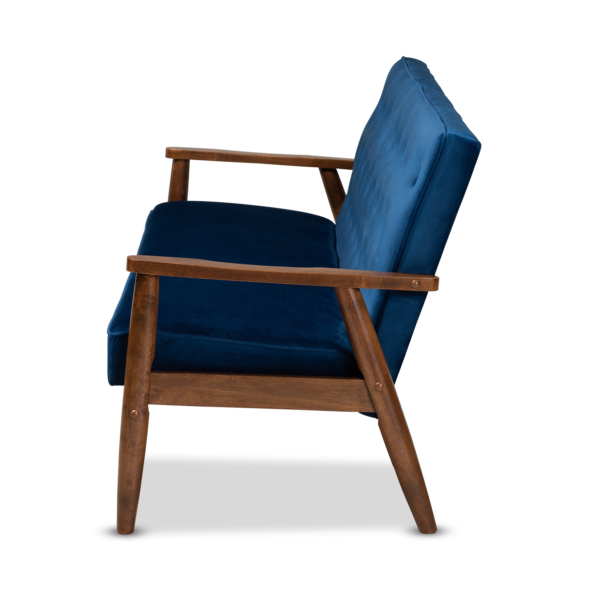 Baxton Studio Sorrento Mid-century Modern Navy Blue Velvet Fabric Upholstered Walnut Finished Wooden 3-seater Sofa