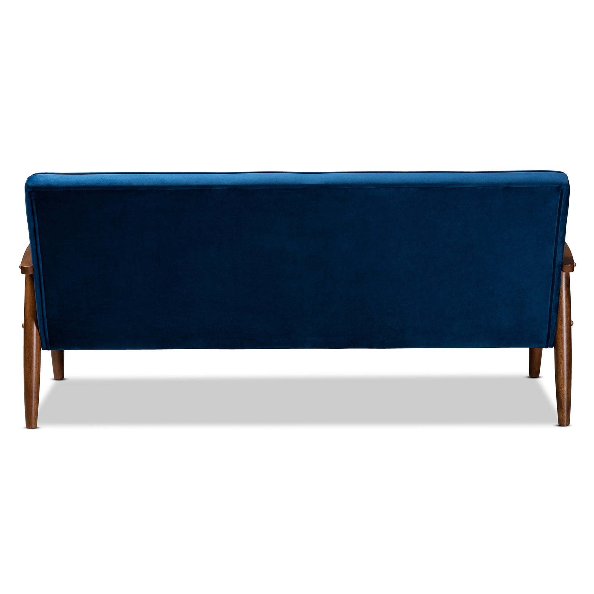 Baxton Studio Sorrento Mid-century Modern Navy Blue Velvet Fabric Upholstered Walnut Finished Wooden 3-seater Sofa