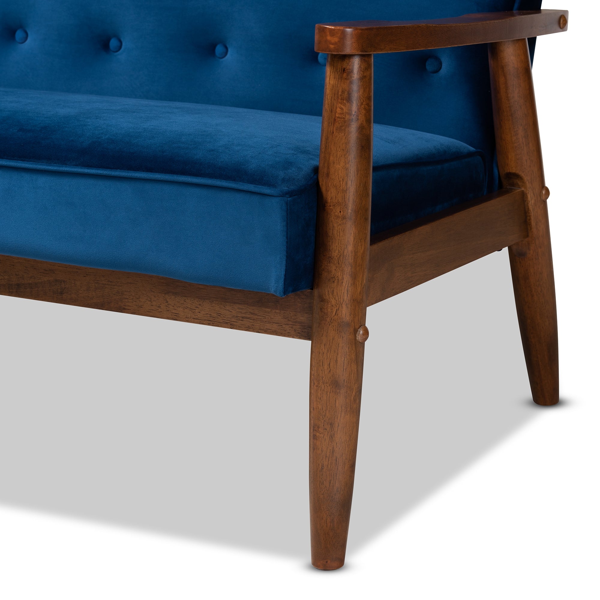 Baxton Studio Sorrento Mid-century Modern Navy Blue Velvet Fabric Upholstered Walnut Finished Wooden 3-seater Sofa