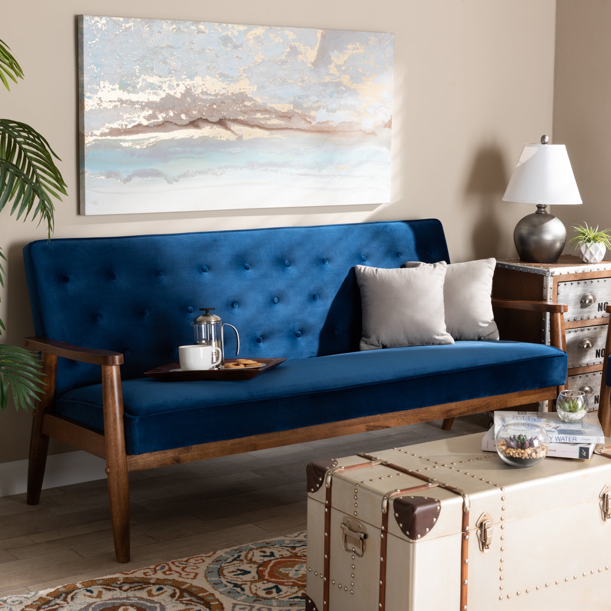 Baxton Studio Sorrento Mid-century Modern Navy Blue Velvet Fabric Upholstered Walnut Finished Wooden 3-seater Sofa