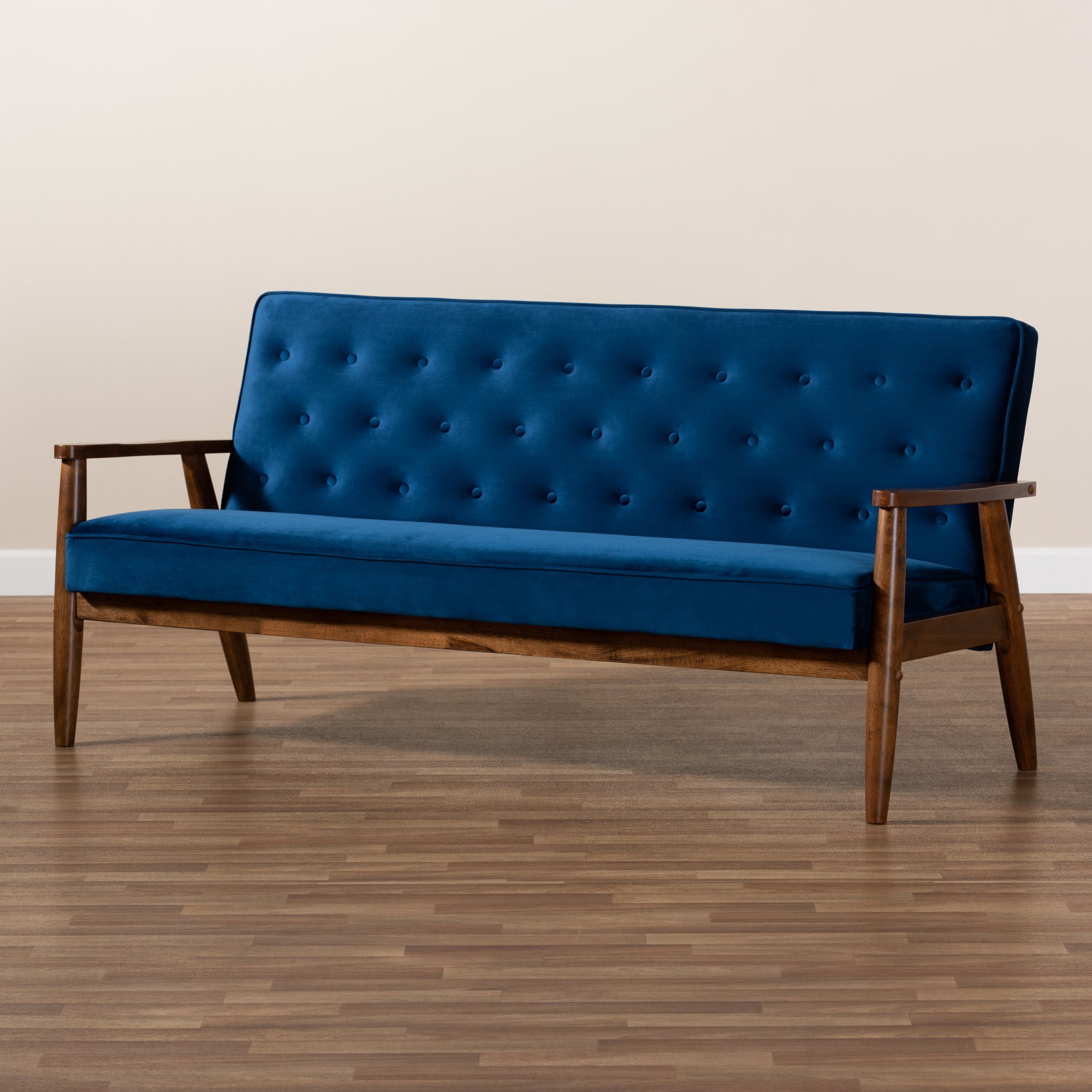 Baxton Studio Sorrento Mid-century Modern Navy Blue Velvet Fabric Upholstered Walnut Finished Wooden 3-seater Sofa
