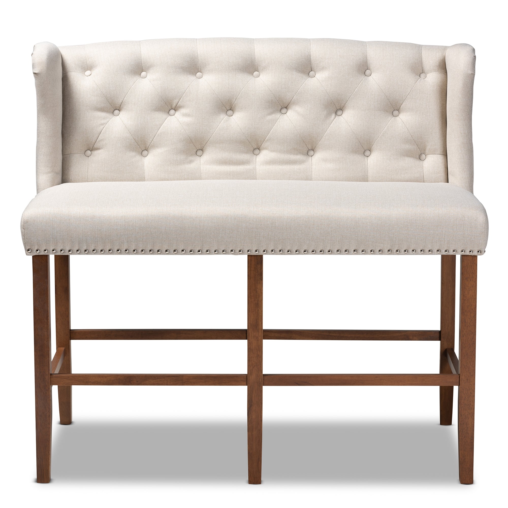 Baxton Studio Alira Modern and Contemporary Beige Fabric Upholstered Walnut Finished Wood Button Tufted Bar Stool Bench