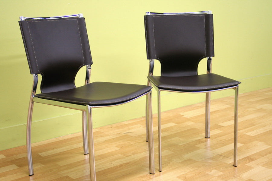 Baxton Studio Dark Brown Leather Dining Chair with Chrome Frame Set of Two