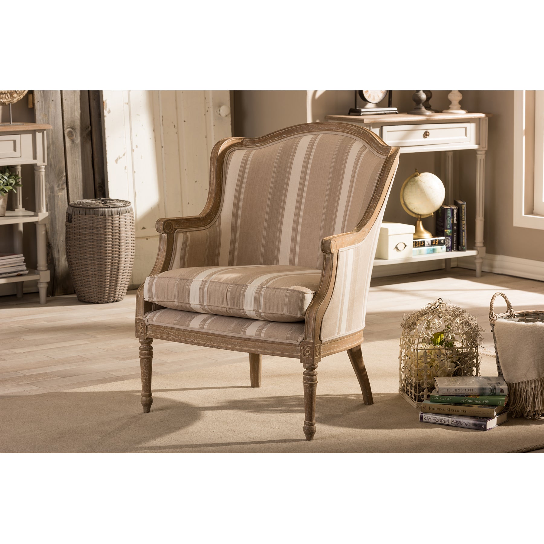 Baxton Studio Charlemagne Traditional French Accent Chair-Oak (Brown Stripe)