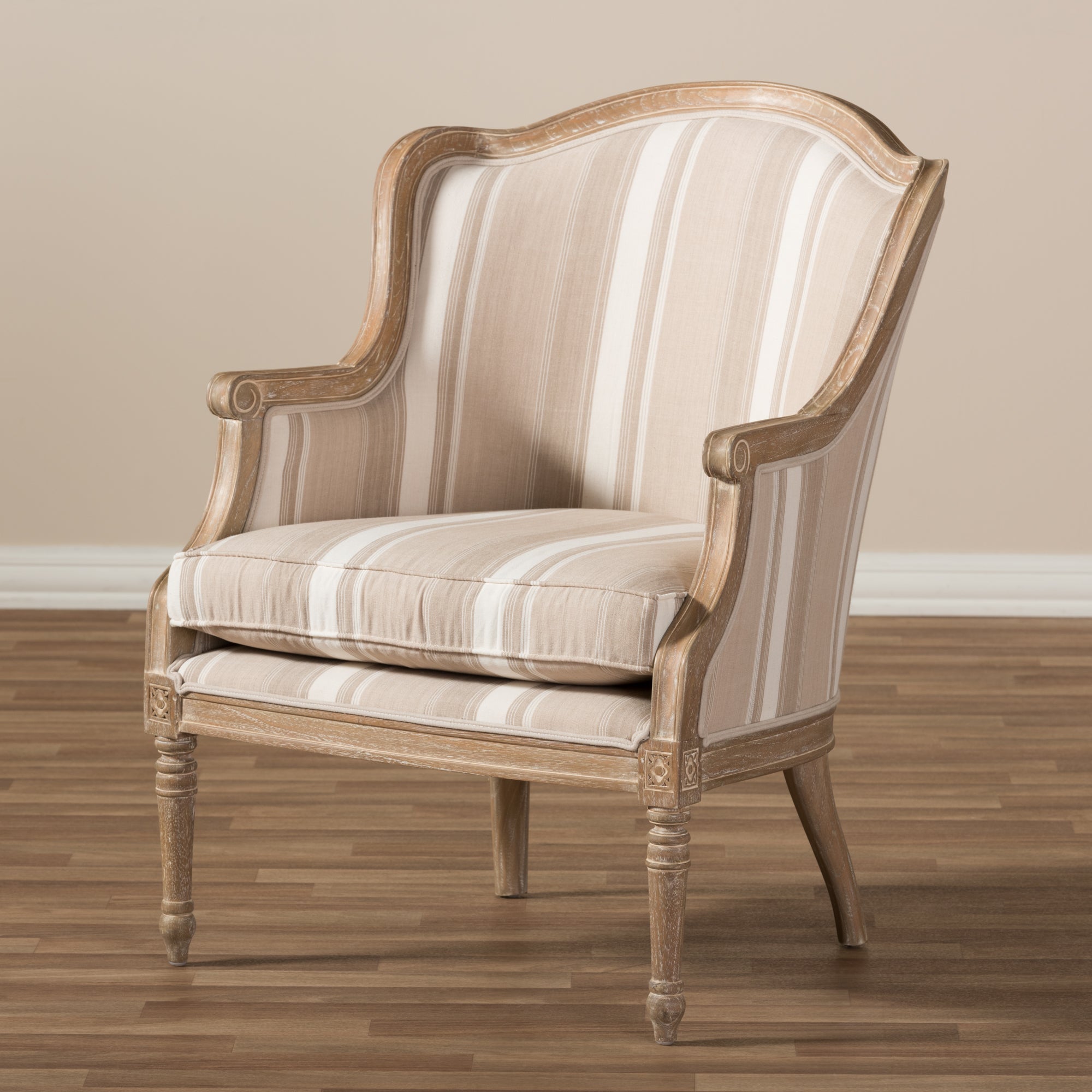 Baxton Studio Charlemagne Traditional French Accent Chair-Oak (Brown Stripe)