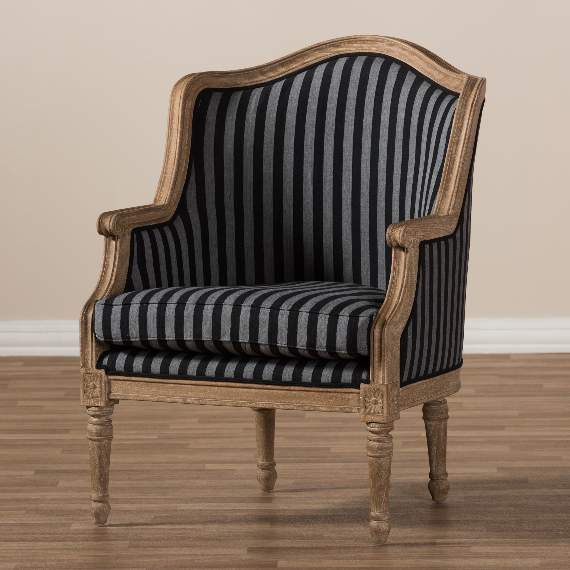 Baxton Studio Charlemagne Traditional French Black and Grey Striped Accent Chair