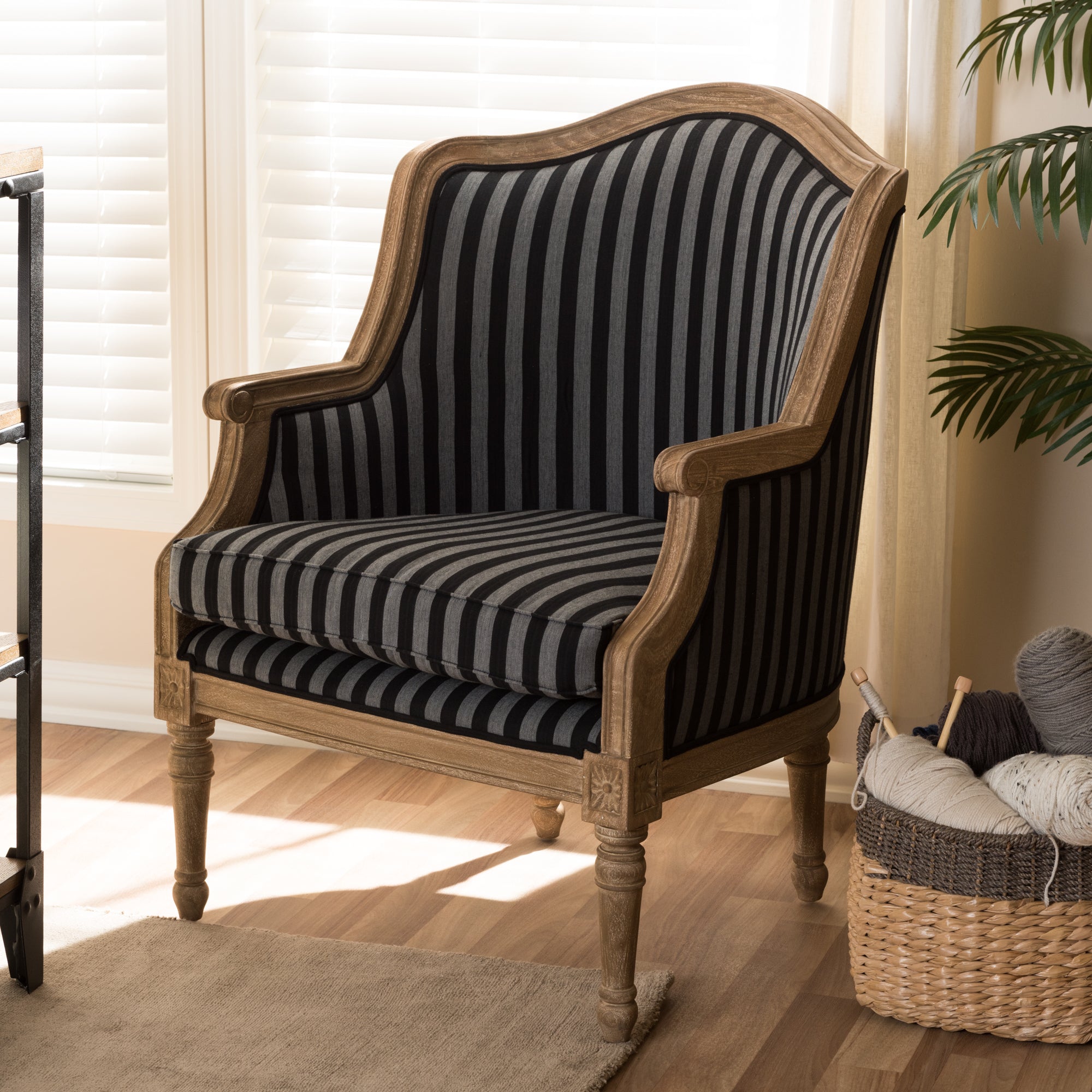 Baxton Studio Charlemagne Traditional French Black and Grey Striped Accent Chair