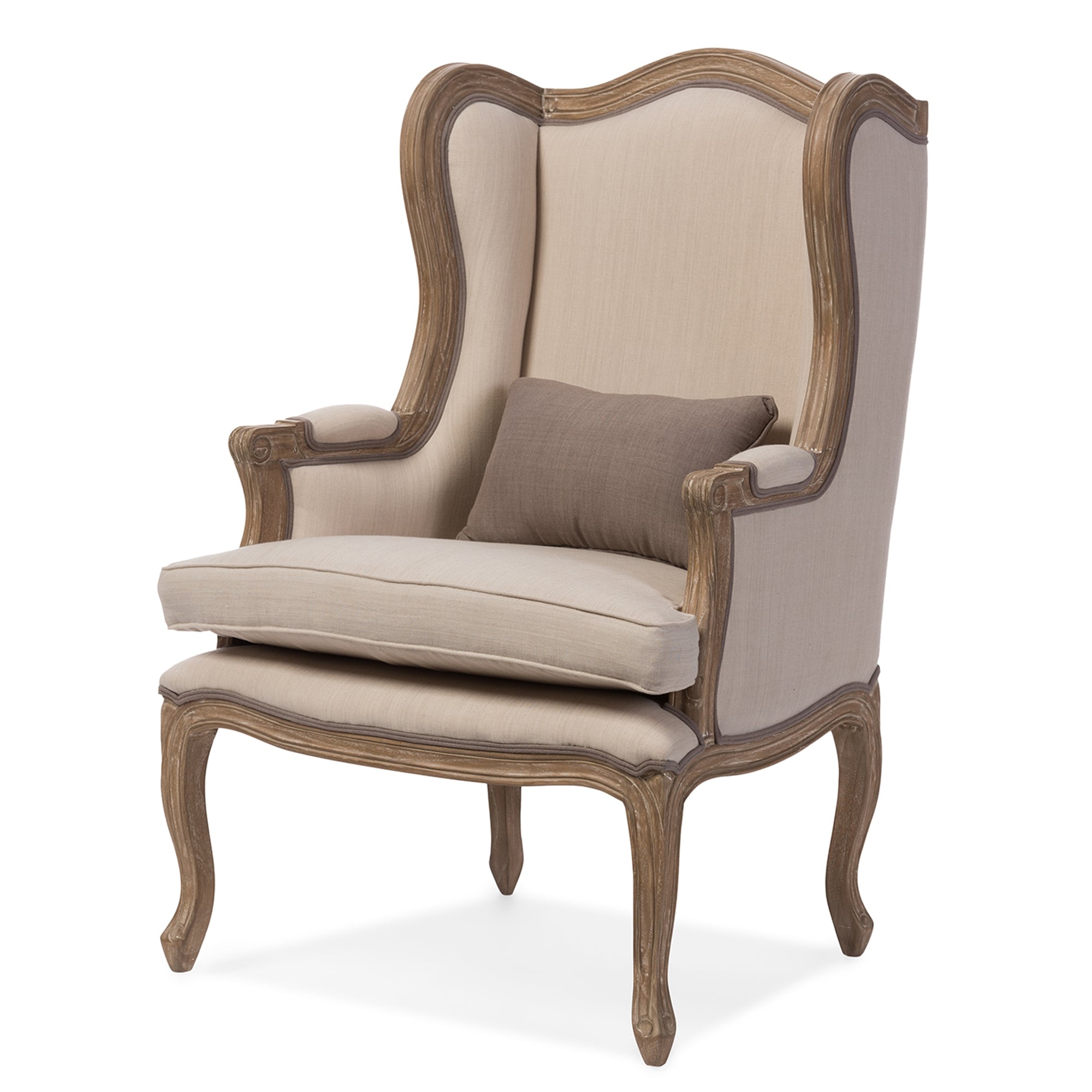 Baxton Studio Oreille French Provincial Style White Wash Distressed Two-tone Beige Upholstered Armchair