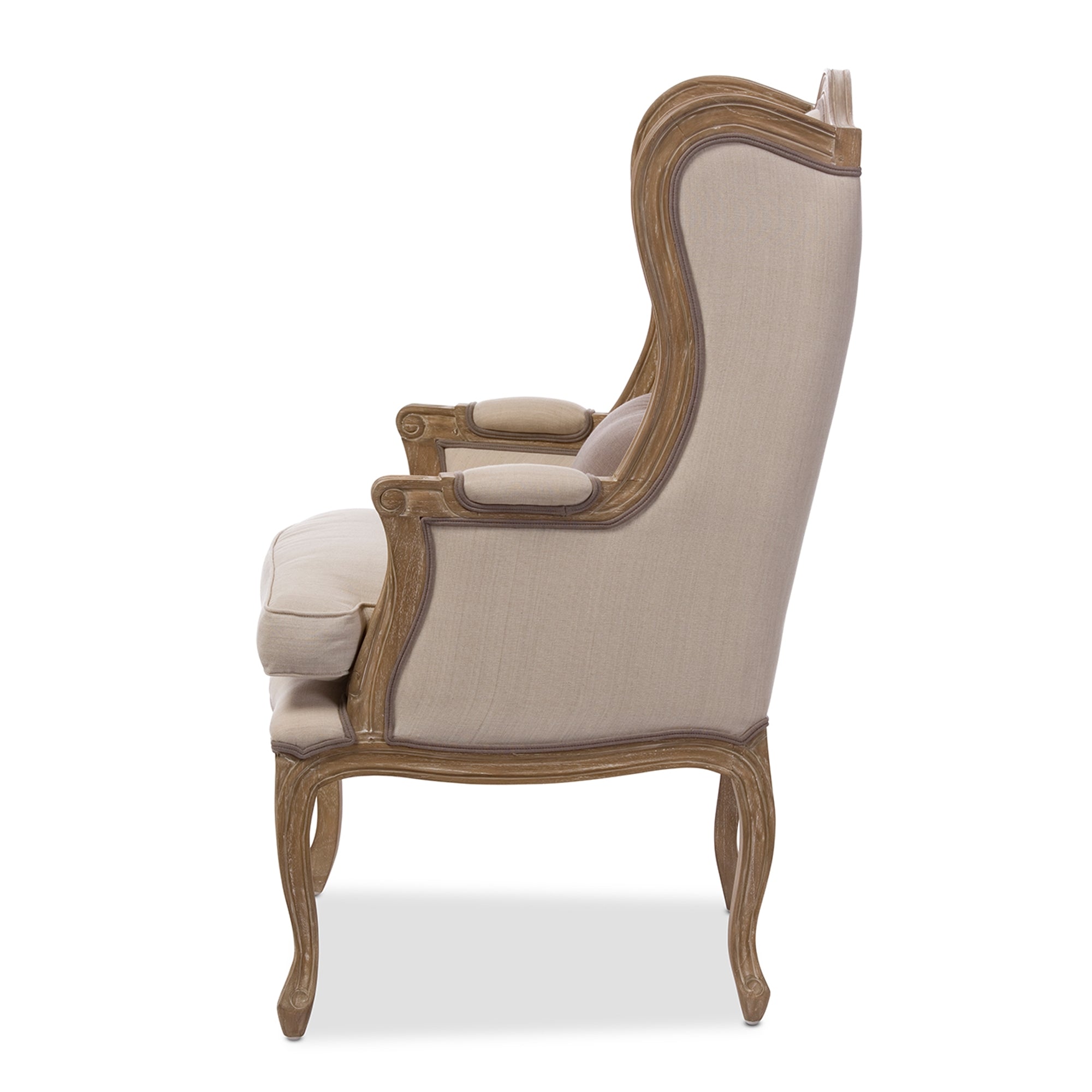 Baxton Studio Oreille French Provincial Style White Wash Distressed Two-tone Beige Upholstered Armchair