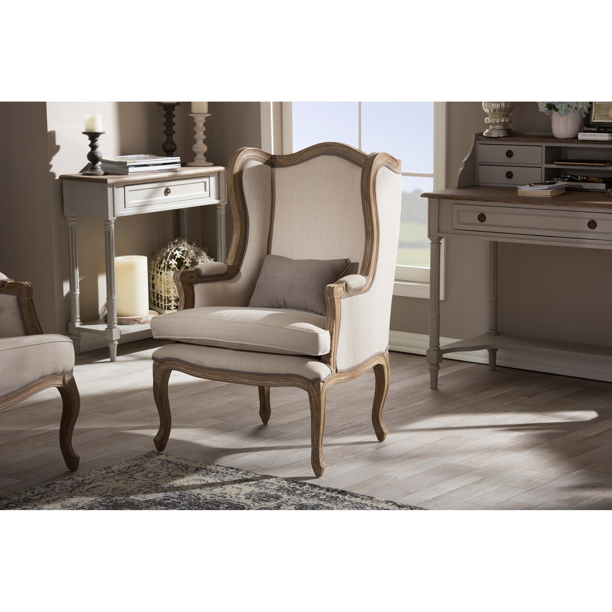 Baxton Studio Oreille French Provincial Style White Wash Distressed Two-tone Beige Upholstered Armchair