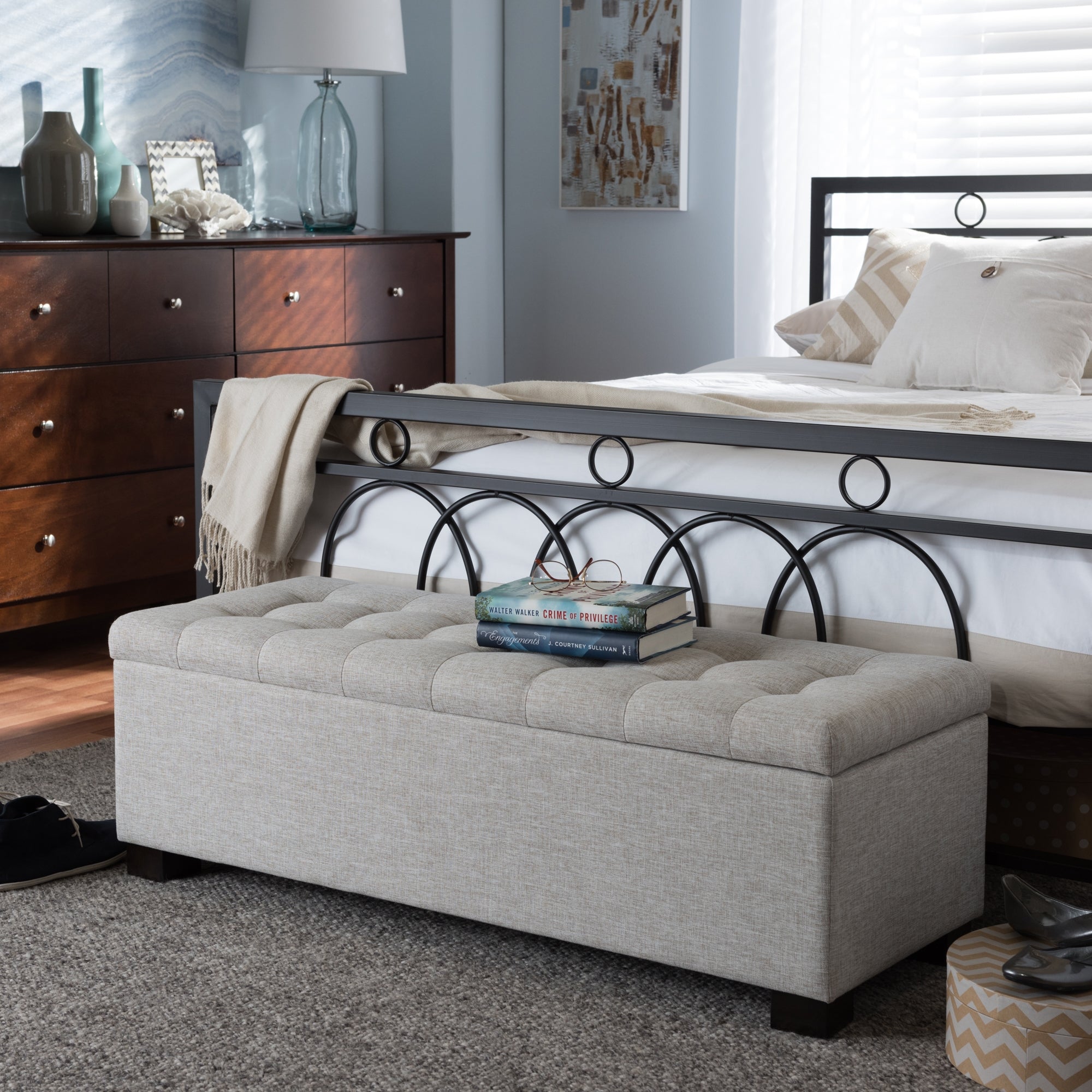 Baxton Studio Roanoke Modern and Contemporary Beige Fabric Upholstered Grid-Tufting Storage Ottoman Bench
