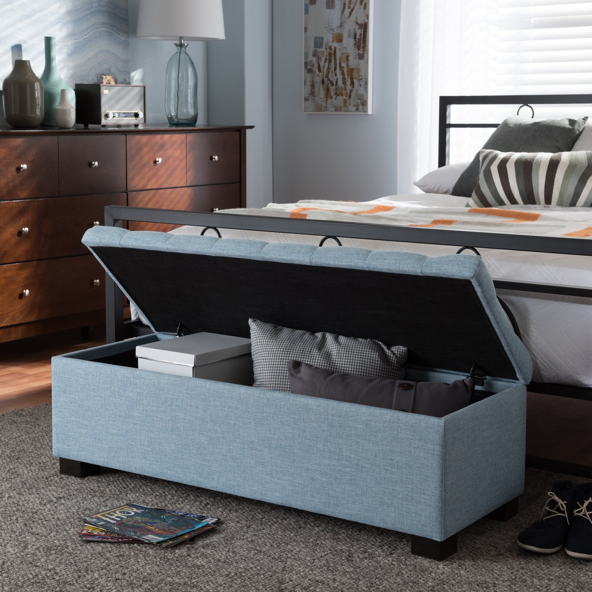 Baxton Studio Roanoke Modern and Contemporary Light Blue Fabric Upholstered Grid-Tufting Storage Ottoman Bench