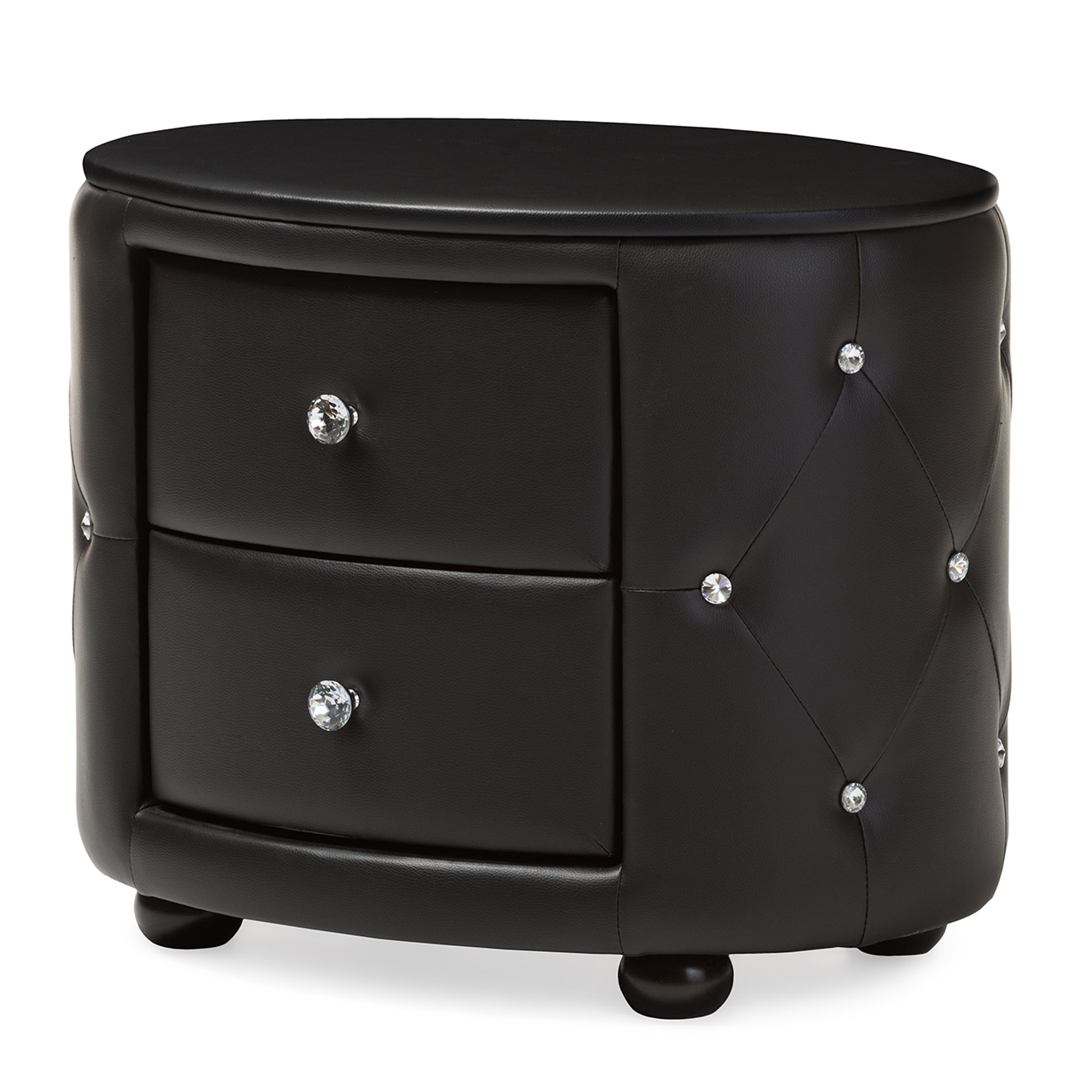 Baxton Studio Davina Hollywood Glamour Style Oval 2-drawer Black Faux Leather Upholstered Nightstand