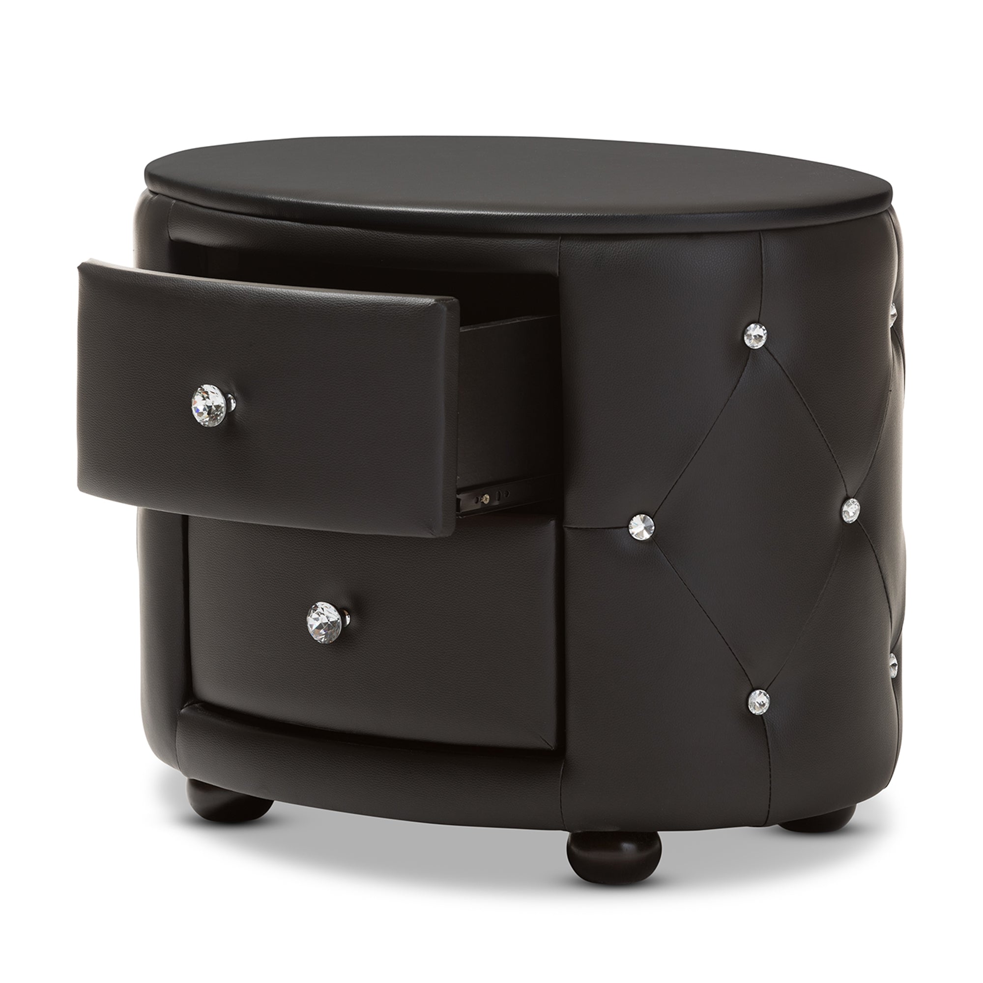 Baxton Studio Davina Hollywood Glamour Style Oval 2-drawer Black Faux Leather Upholstered Nightstand
