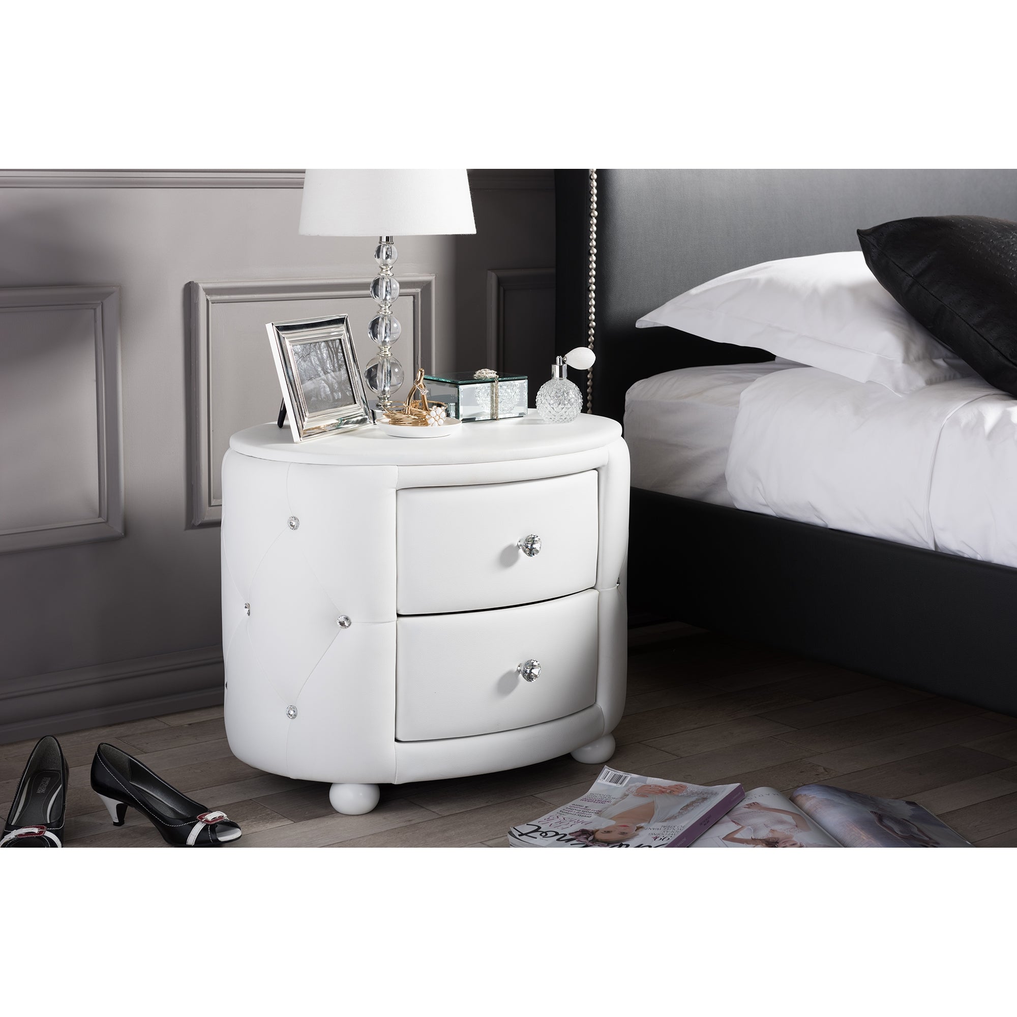 Baxton Studio Davina Hollywood Glamour Style Oval 2-drawer White Faux Leather Upholstered Nightstand