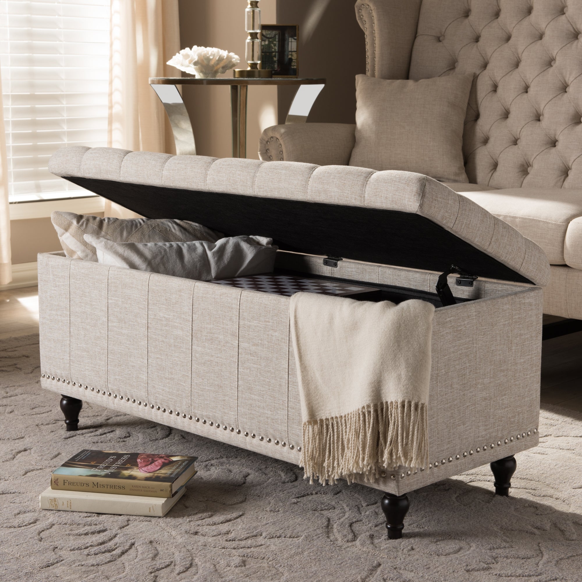 Baxton Studio Kaylee Modern Classic Beige Fabric Upholstered Button-Tufting Storage Ottoman Bench