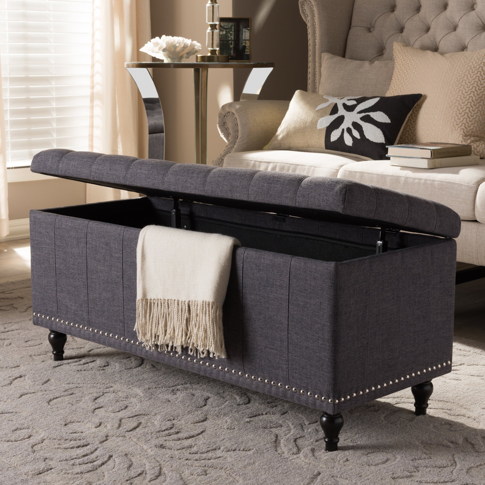 Baxton Studio Kaylee Modern Classic Dark Grey Fabric Upholstered Button-Tufting Storage Ottoman Bench