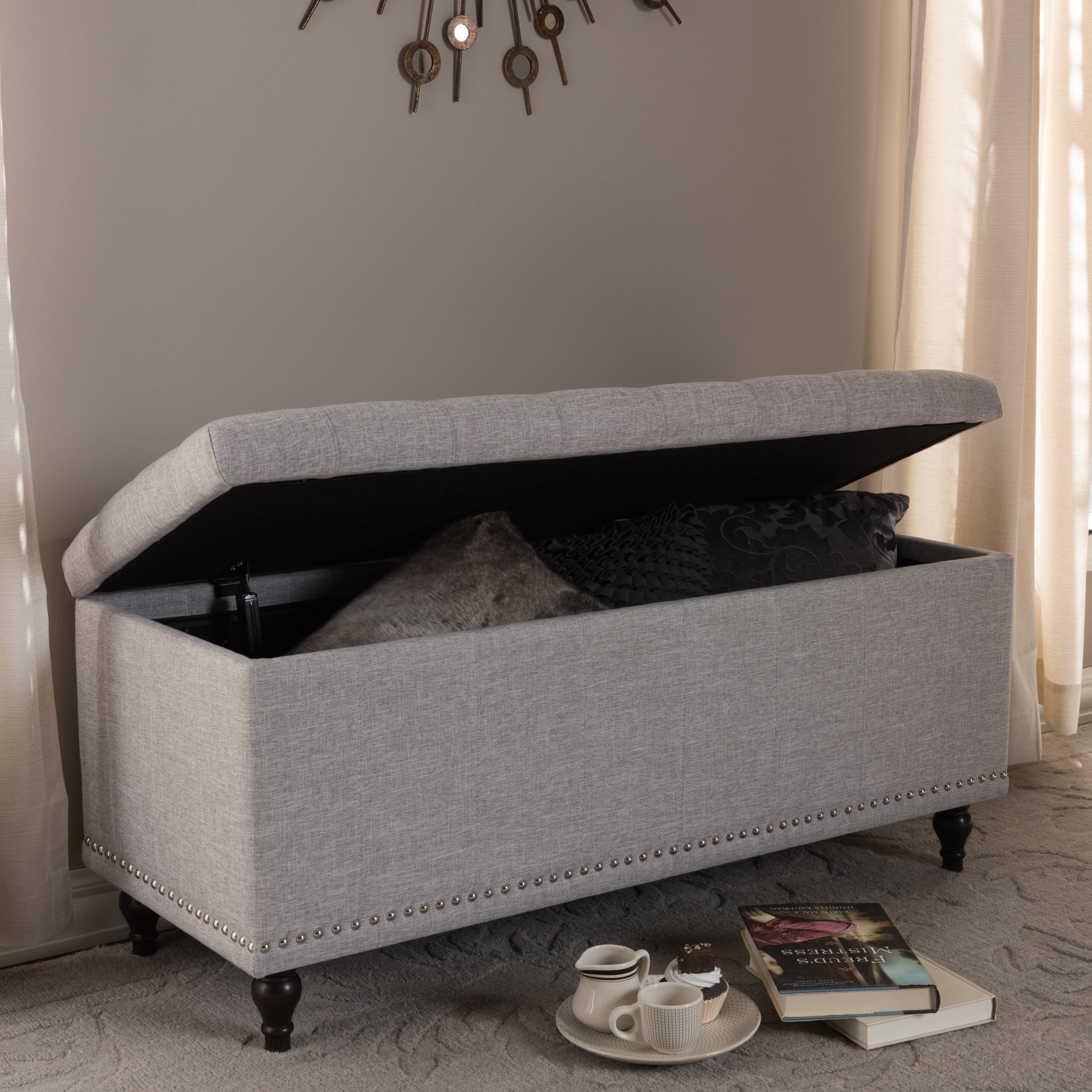Baxton Studio Kaylee Modern Classic Grayish Beige Fabric Upholstered Button-Tufting Storage Ottoman Bench