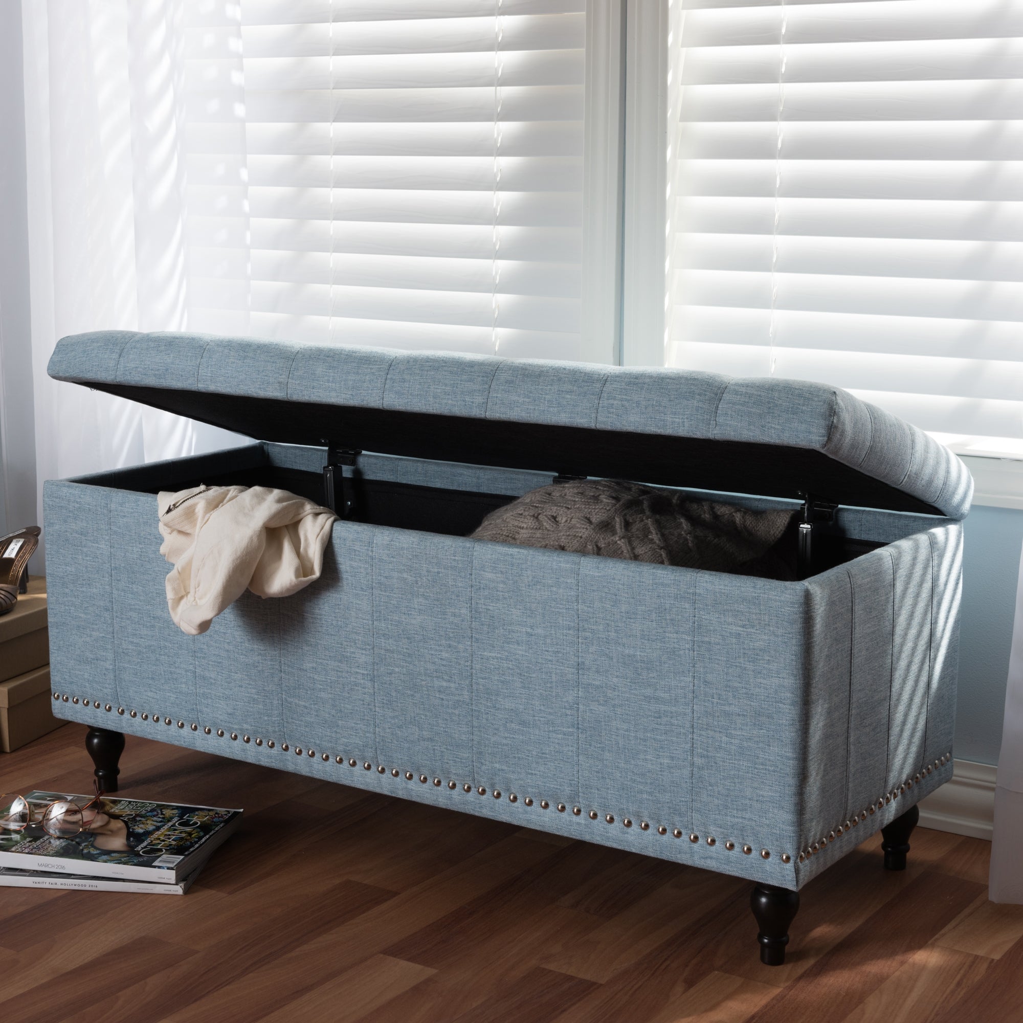 Baxton Studio Kaylee Modern Classic Light Blue Fabric Upholstered Button-Tufting Storage Ottoman Bench