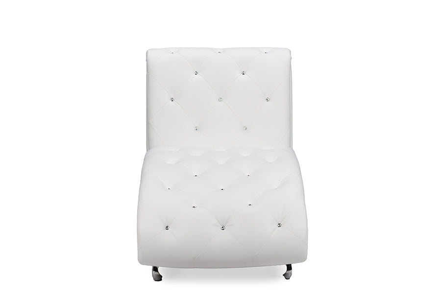 Baxton Studio Pease Contemporary White Faux Leather Upholstered Crystal Button Tufted Chaise Lounge  One (1) Chaise