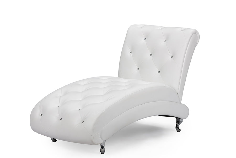 Baxton Studio Pease Contemporary White Faux Leather Upholstered Crystal Button Tufted Chaise Lounge  One (1) Chaise