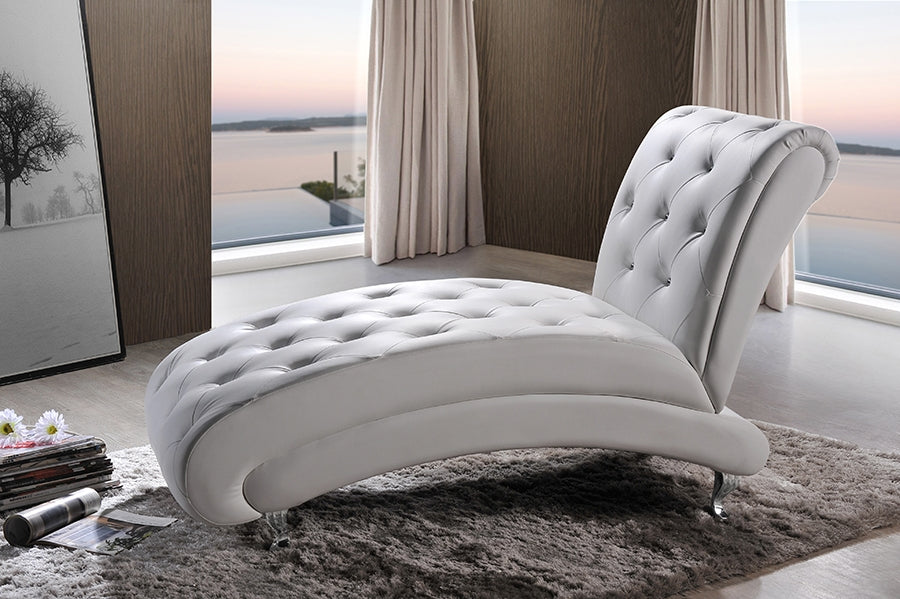 Baxton Studio Pease Contemporary White Faux Leather Upholstered Crystal Button Tufted Chaise Lounge  One (1) Chaise