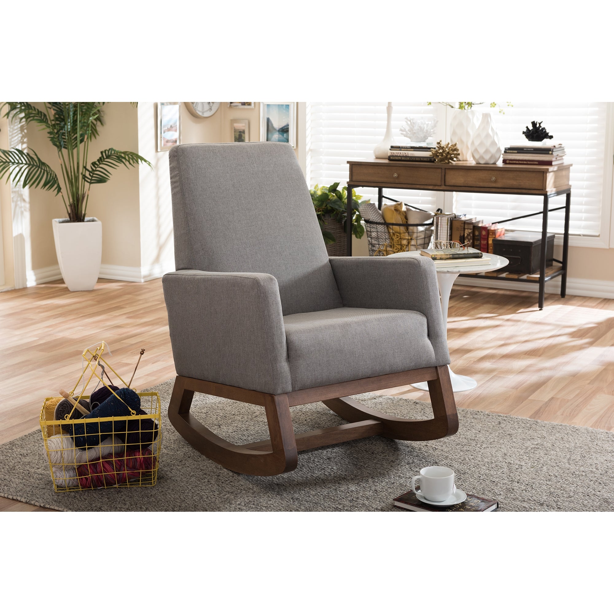 Baxton Studio Yashiya Mid-century Retro Modern Grey Fabric Upholstered Rocking Chair