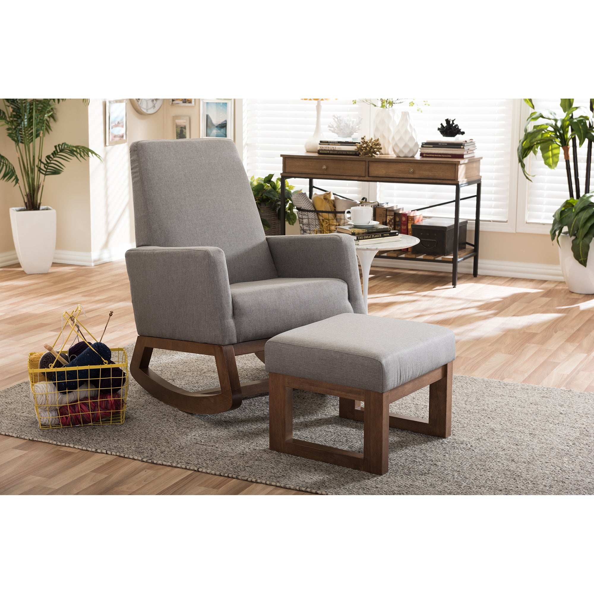 Baxton Studio Yashiya Mid-century Retro Modern Grey Fabric Upholstered Rocking Chair and Ottoman Set