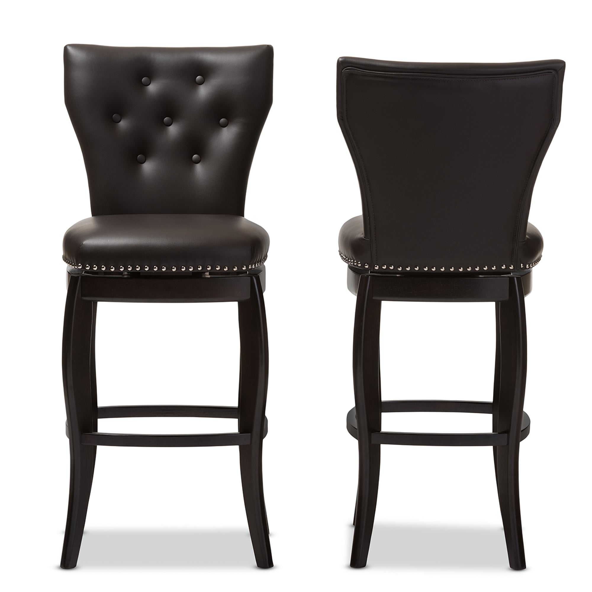 Baxton Studio Leonice Modern and Contemporary Dark Brown Faux Leather Upholstered Button-tufted 29-Inch 2-Piece Swivel Bar Stool Set