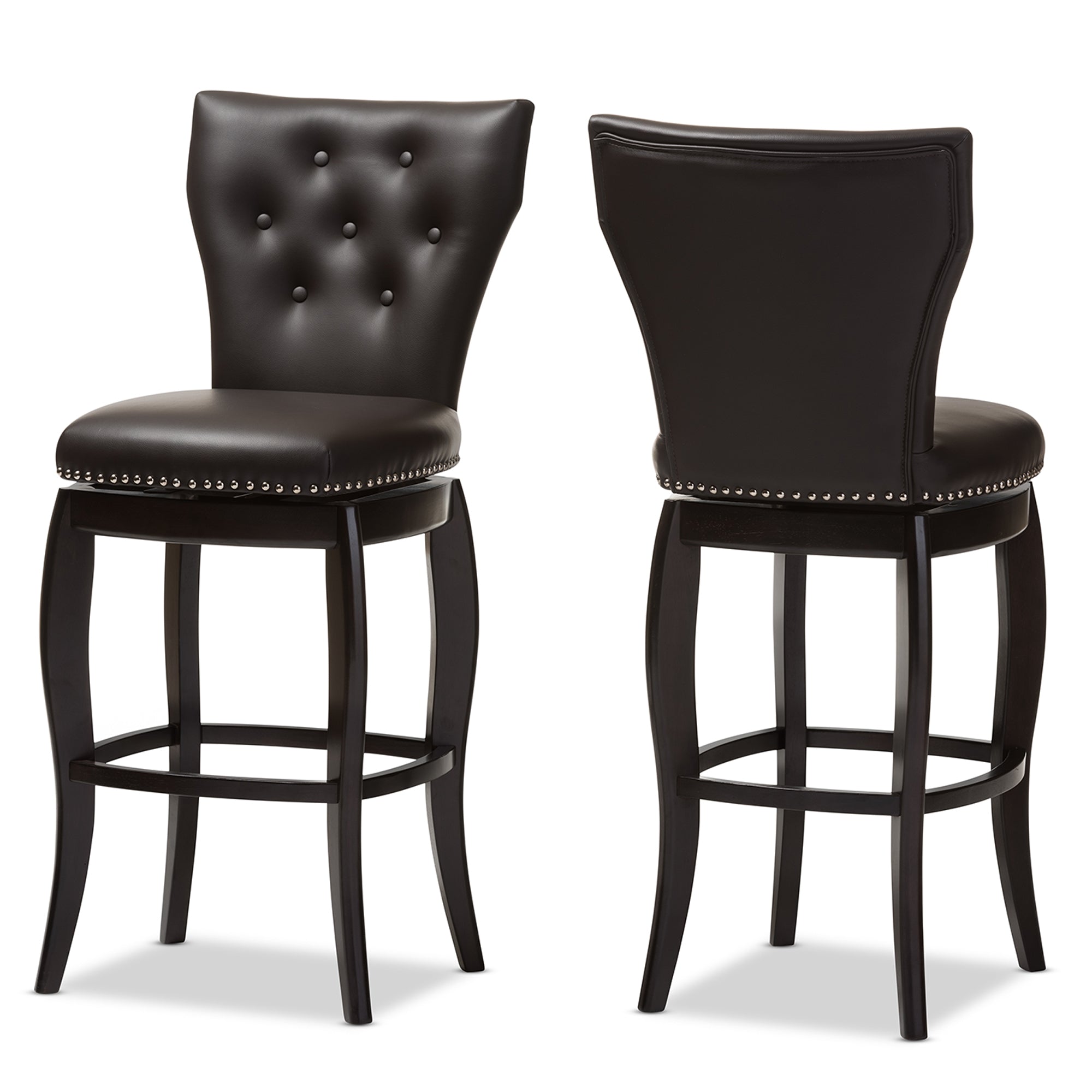 Baxton Studio Leonice Modern and Contemporary Dark Brown Faux Leather Upholstered Button-tufted 29-Inch 2-Piece Swivel Bar Stool Set