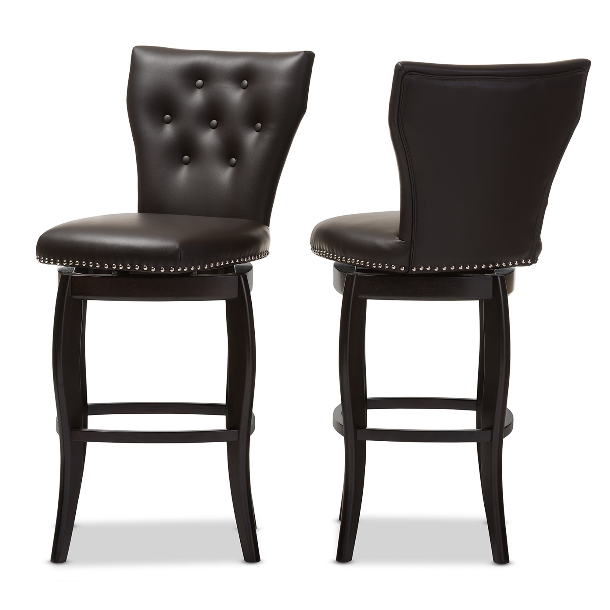 Baxton Studio Leonice Modern and Contemporary Dark Brown Faux Leather Upholstered Button-tufted 29-Inch 2-Piece Swivel Bar Stool Set