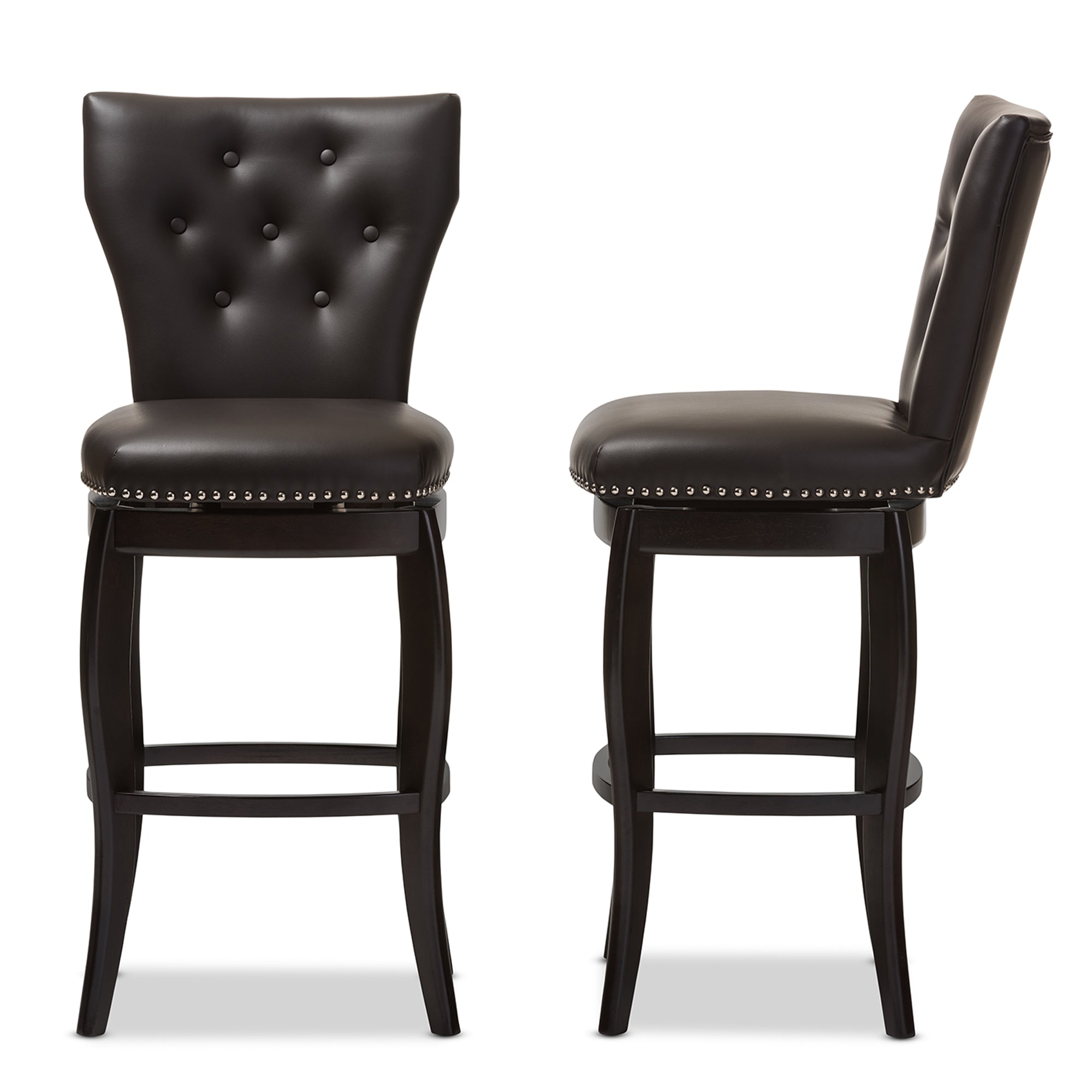 Baxton Studio Leonice Modern and Contemporary Dark Brown Faux Leather Upholstered Button-tufted 29-Inch 2-Piece Swivel Bar Stool Set